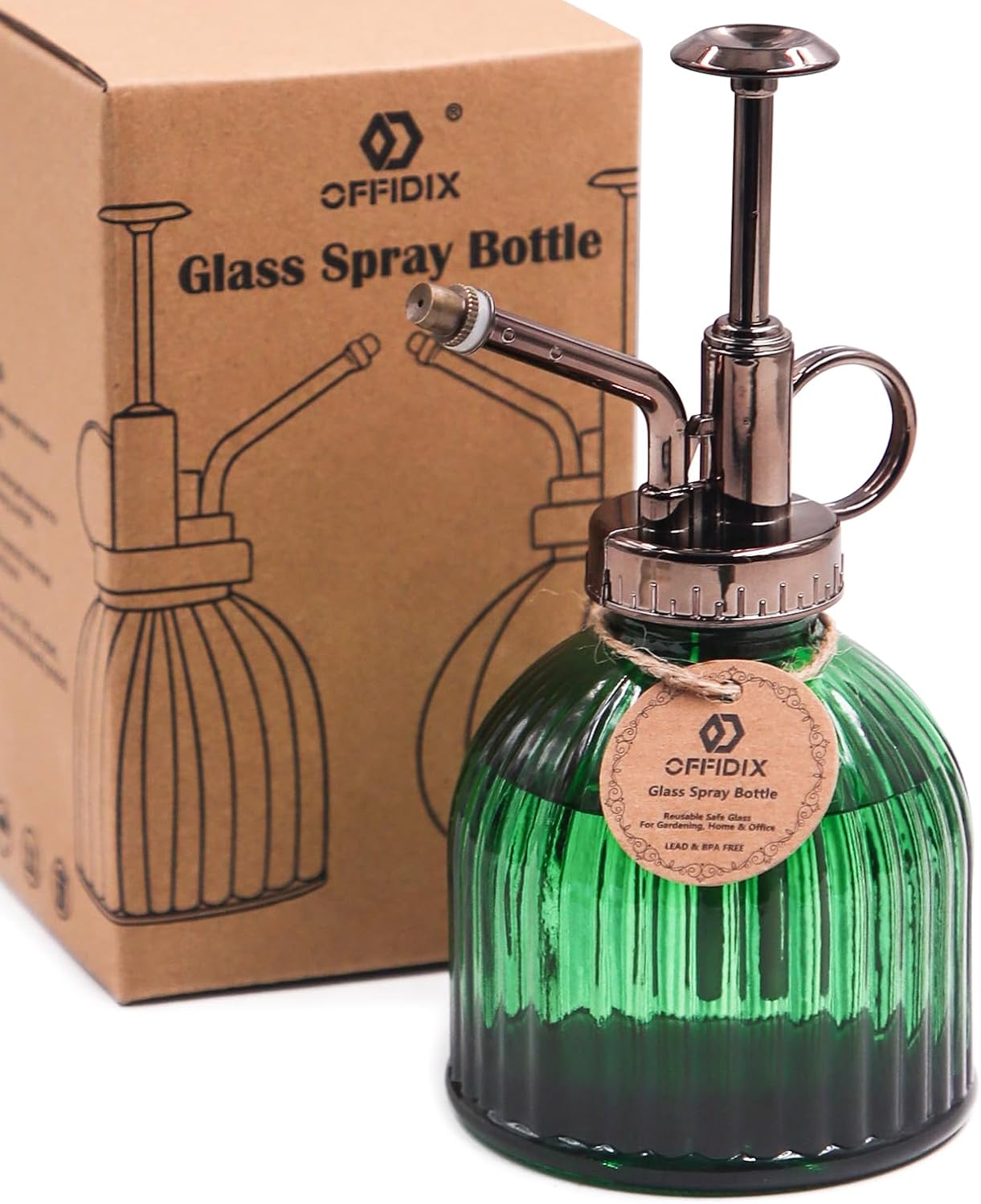 OFFIDIX Plant Mister Spray Bottle Glass Mister for Inside 6.3" Tall Vintage Style with Bronze Plastic Top Pump One Hand Watering Can for Indoor Potted Plants Terrariums Green
