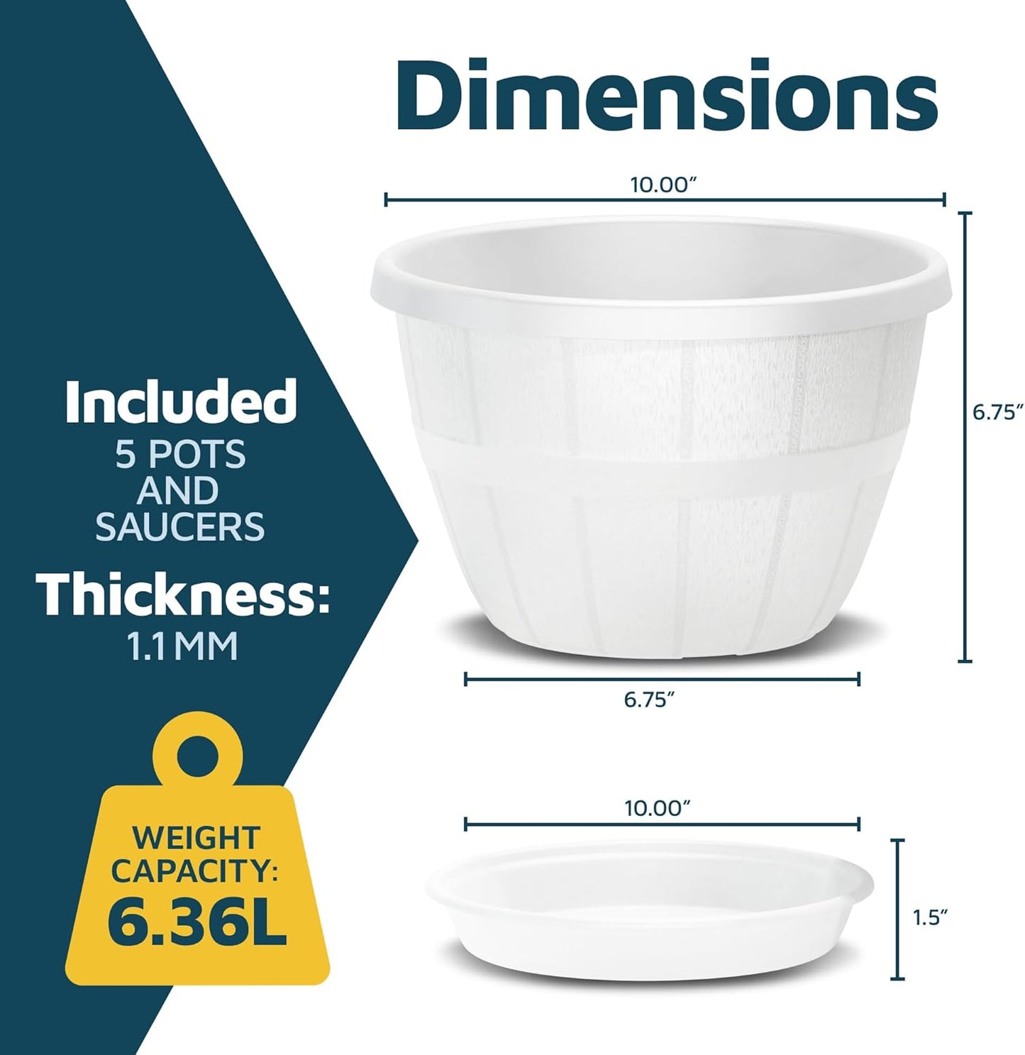 10-Inch Whiskey Barrel Planters Outdoor Pack of 5 - Durable Plastic Plant Pots for Indoor & Outdoor Use with Drainage & Saucer, Lightweight Rustic Barrel Planters for Flowers, Herbs & Small Plants