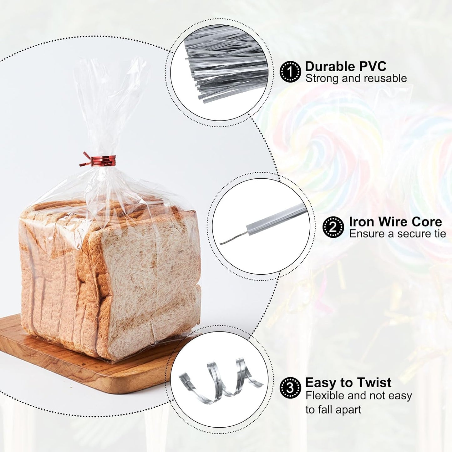 HARFINGTON 800pcs Bag Twist Ties 4" Reusable Plastic Metallic Twist Ties Wire Cable Ties for Party Bread Candy Cake, Silver