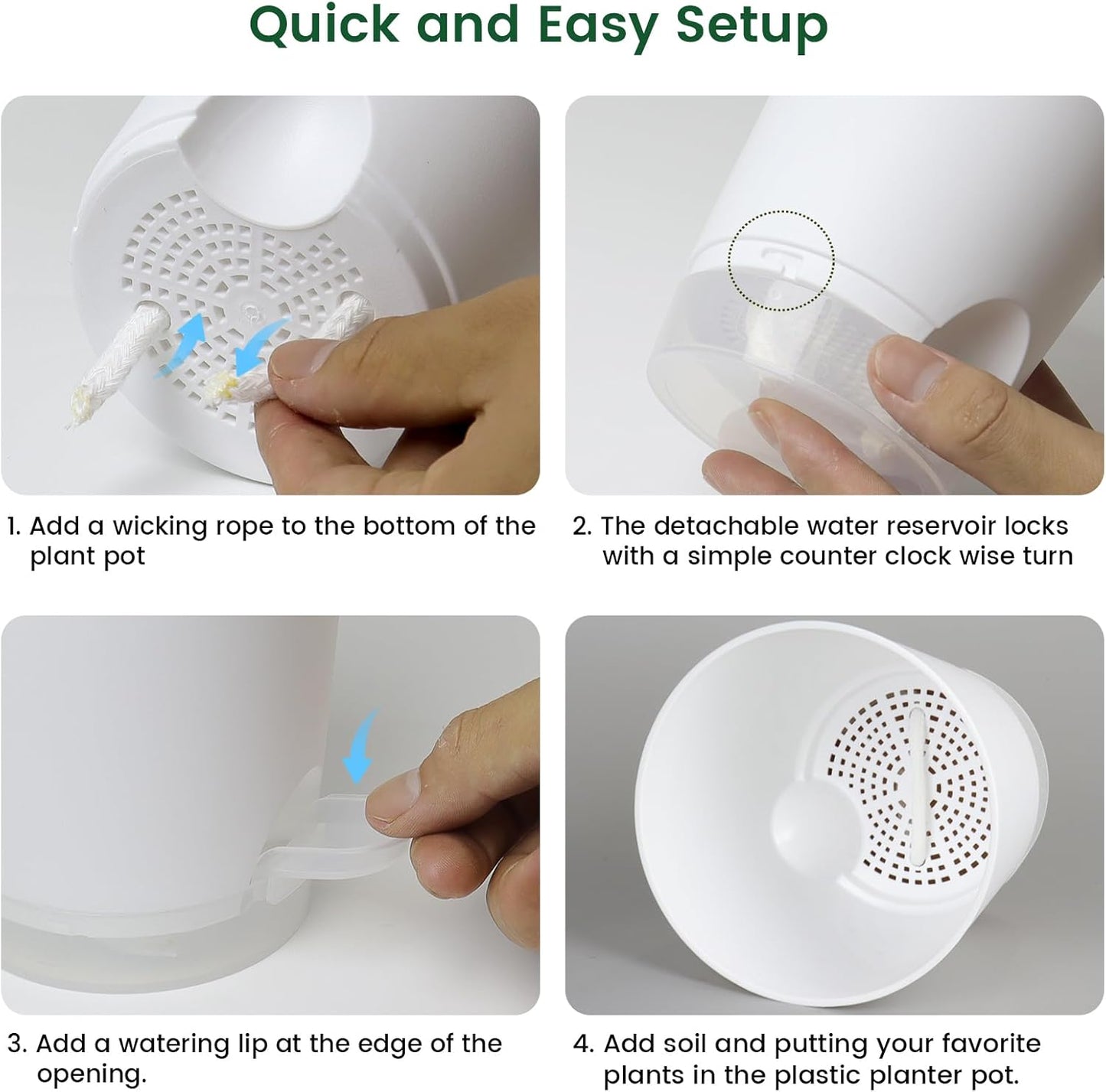 4 inch Self Watering Pots for Indoor Plants, 5 Pack Small Flower Plant Pots with Drainage Holes and Clear Reservoirs, Visible Water Level, Plastic Planters with Wicking Rope, White