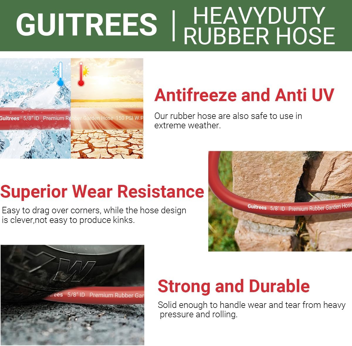 75FT 5/8 Heavy Duty Rubber Garden Hose - 200psi Working, 1000psi Burst - Hot/Cold Water - Five-Layered Braiding for Durability - Versatile for Gardening, Agriculture, Construction(Red)