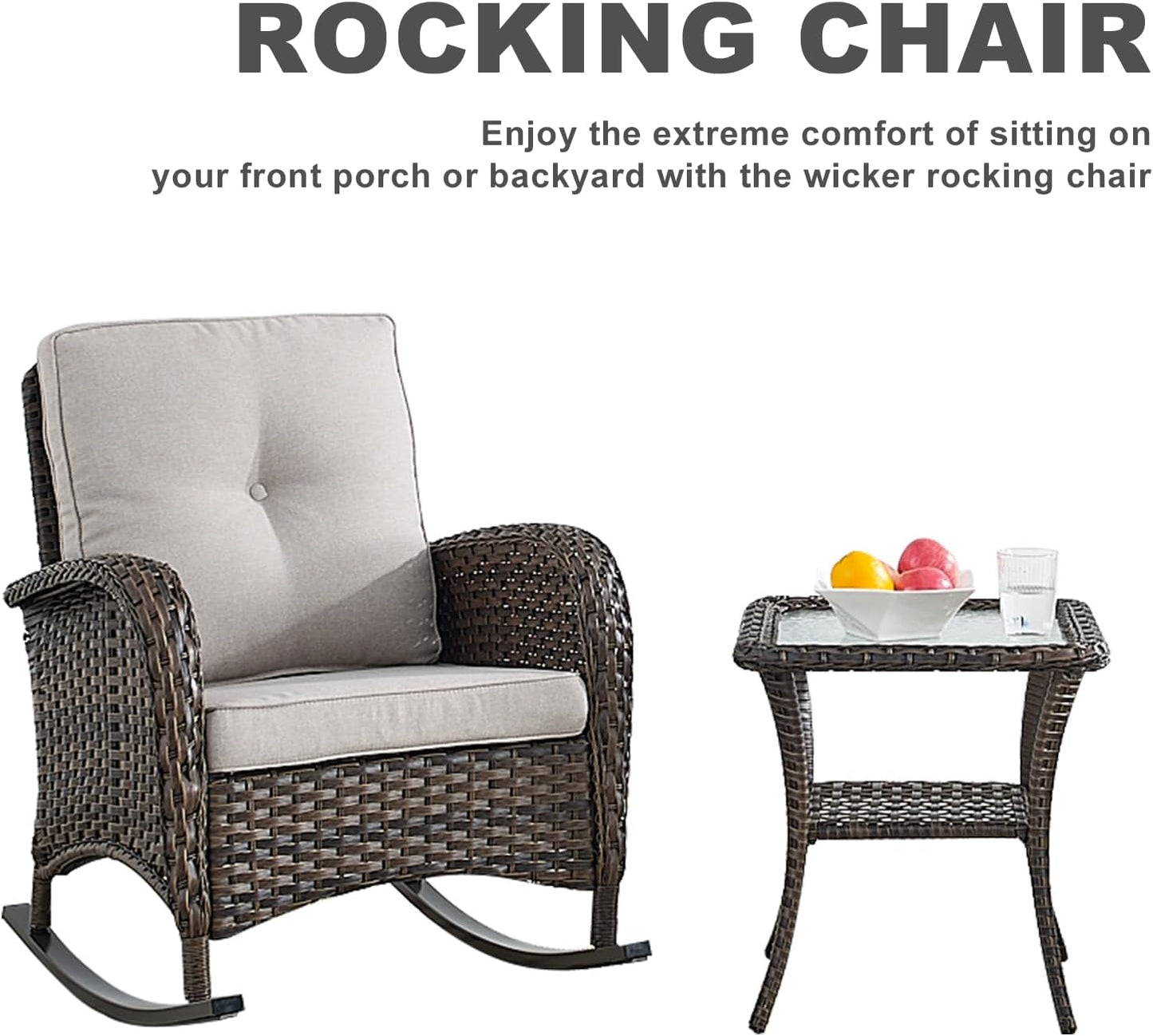 HUMMUH 5-Piece Outdoor Patio Furniture PE Wicker Patio Conversation Set,All-Weather Outdoor Rocking Chairs with Patio Couch Tables for Backyard,Poolside,Deck