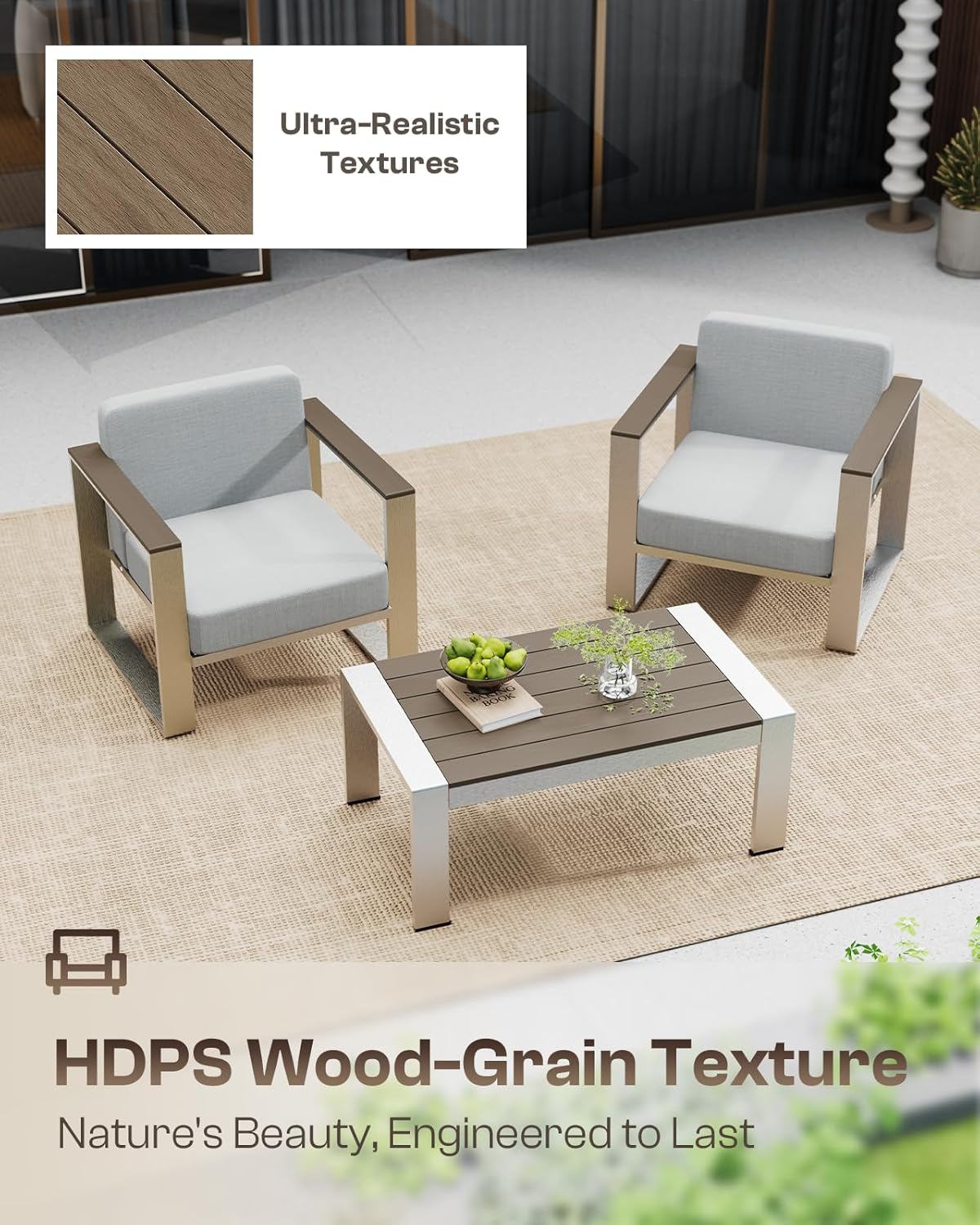 Outdoor Furniture Set, 4 Piece Aluminum Patio Furniture Set with Coffee Table, Wide Seat and Thick Cushions, Outdoor Patio Conversation Sets for Deck, Porch (LightGray)