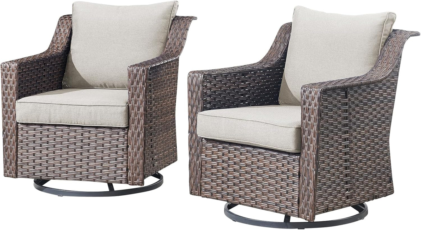 Outdoor Patio Wicker Swivel Chairs - Set of 2 Outside Resin Rattan Rocker Glider Gliding Chair Rocking Armchairs for Front Porch Balcony Backyard Yard Deck Poolside Apartment – Brown/Beige