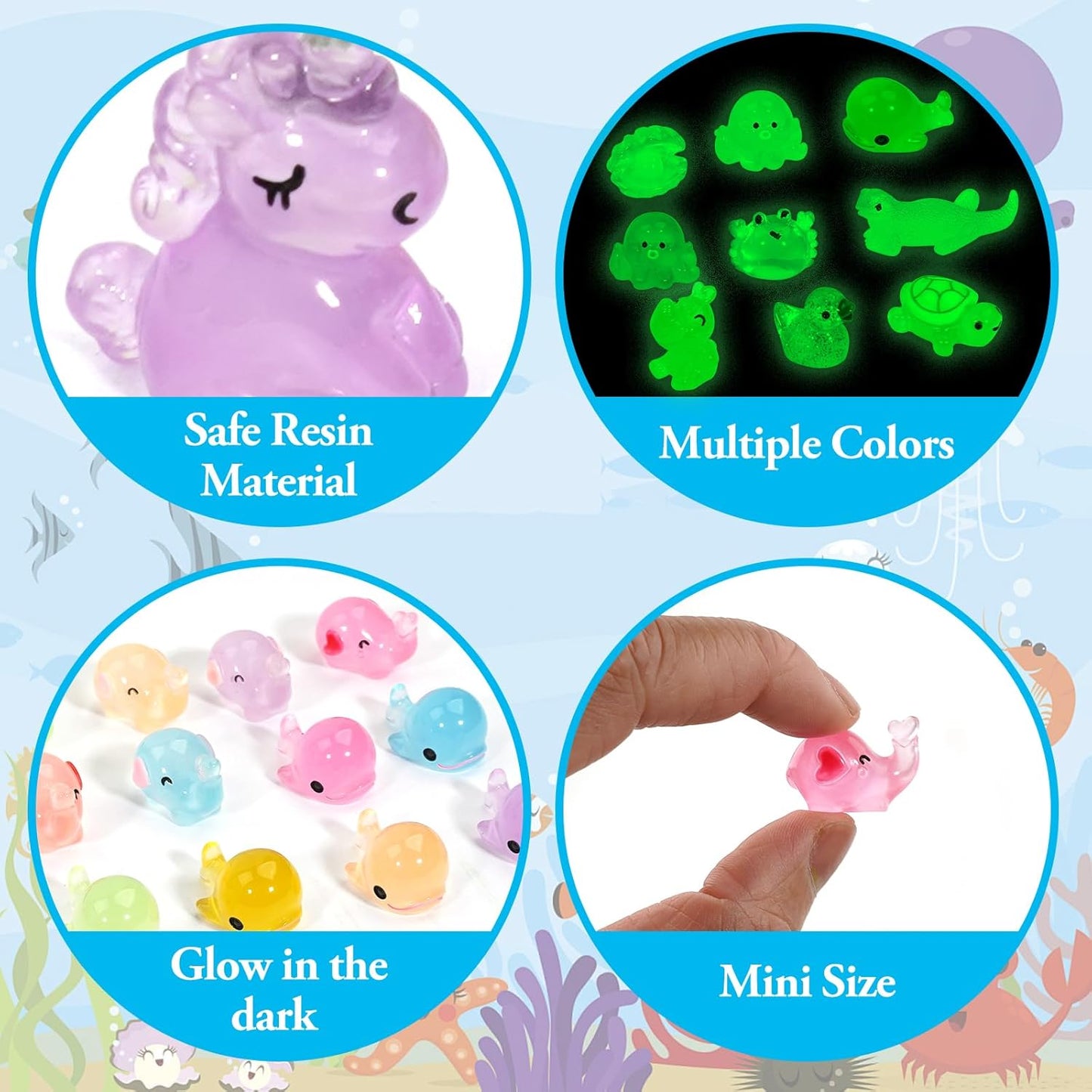 Luminous Mini Resin Animals Figures to Hide, 72 PCS Small Animal Figurines Tiny Plastic Animals Bulk Glow in The Dark, Little Ducks Miniature Turtles Micro Unicorns for Fairy Garden Aquarium Decor