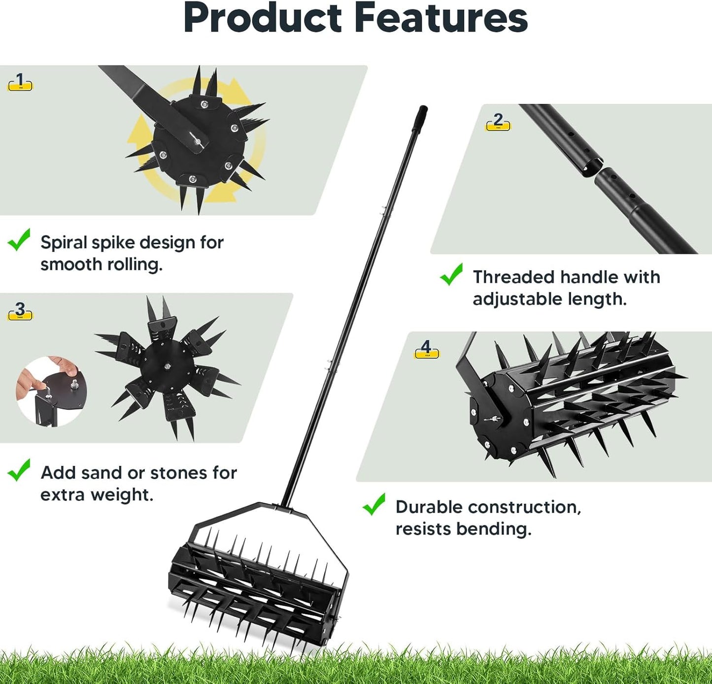 Rolling Lawn Aerator, Rotary Spike Lawn Aerator, Heavy Duty Manual Aerator Lawn Tool, 17-Inch Push Spike Aerator Roller with Adjustable Steel Handle for Garden, Lawns, Patio and Yard Grass Aeration