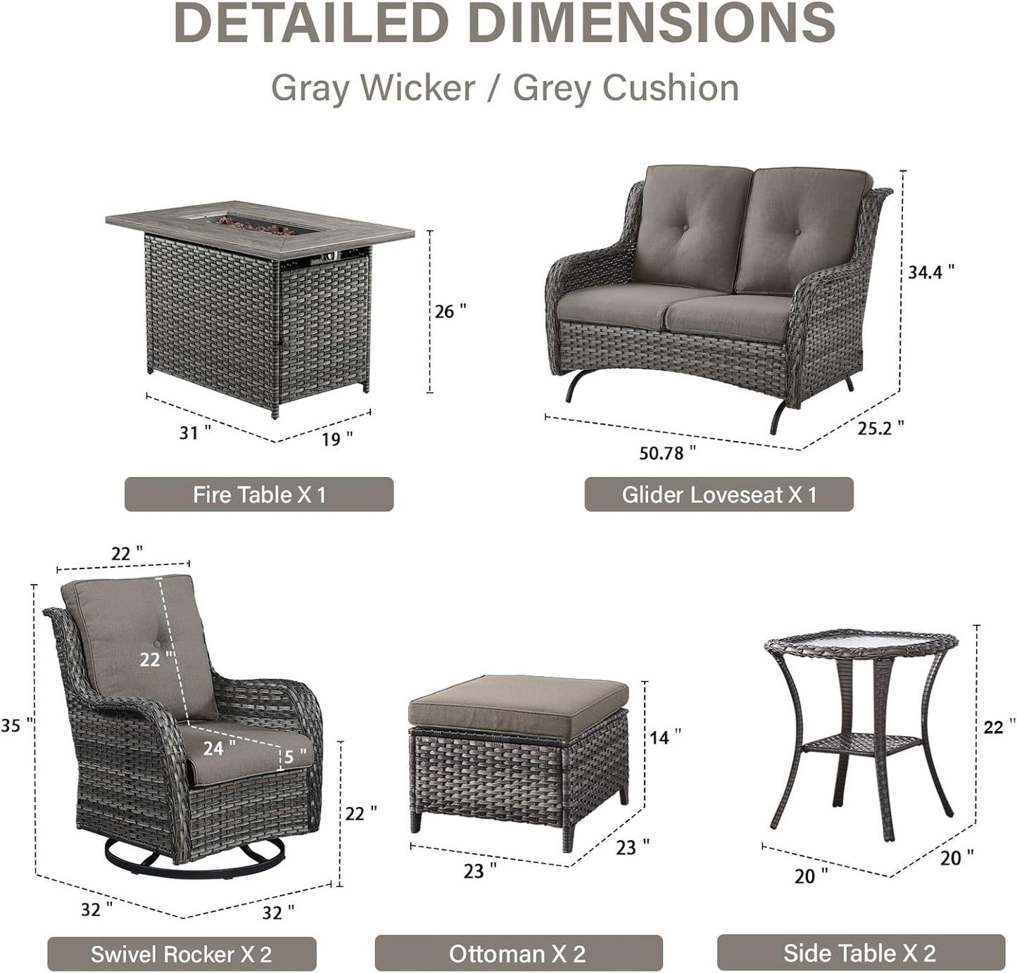 8 Piece Outdoor Patio Furniture Set - 41" CSA Propane Fire Pit Table Patio Conversation Set with Swivel Rocker Outdoor Chairs, Wicker loveseat and Ottoman for Outside Casual Gathering