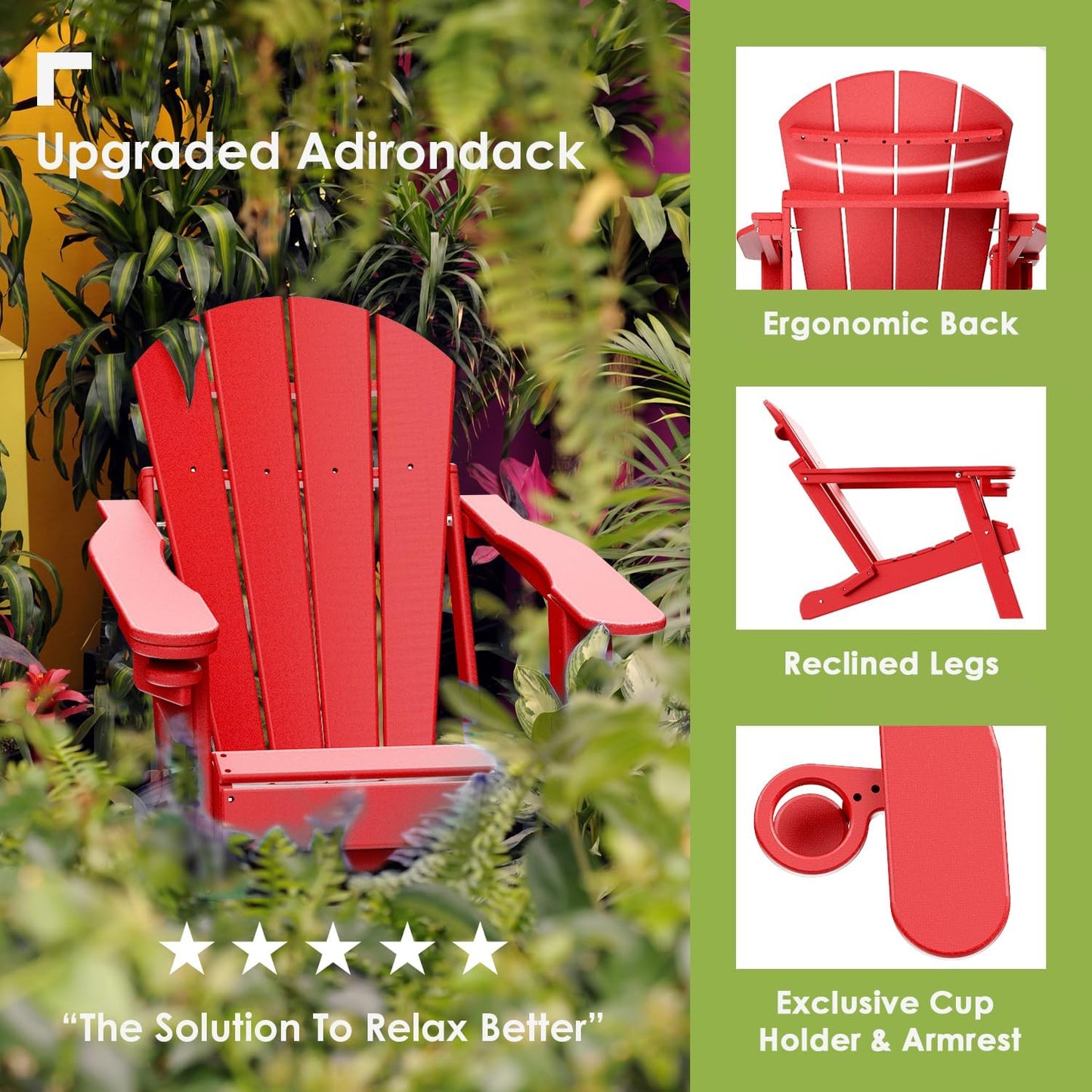 GREENVINES Folding-Adirondack-Chairs-Set-of-6 | HDPE Plastic | Fire Pit Chair | All Weather | Cup Holder | Red | for Deck Backyard Patio Outdoor Garden