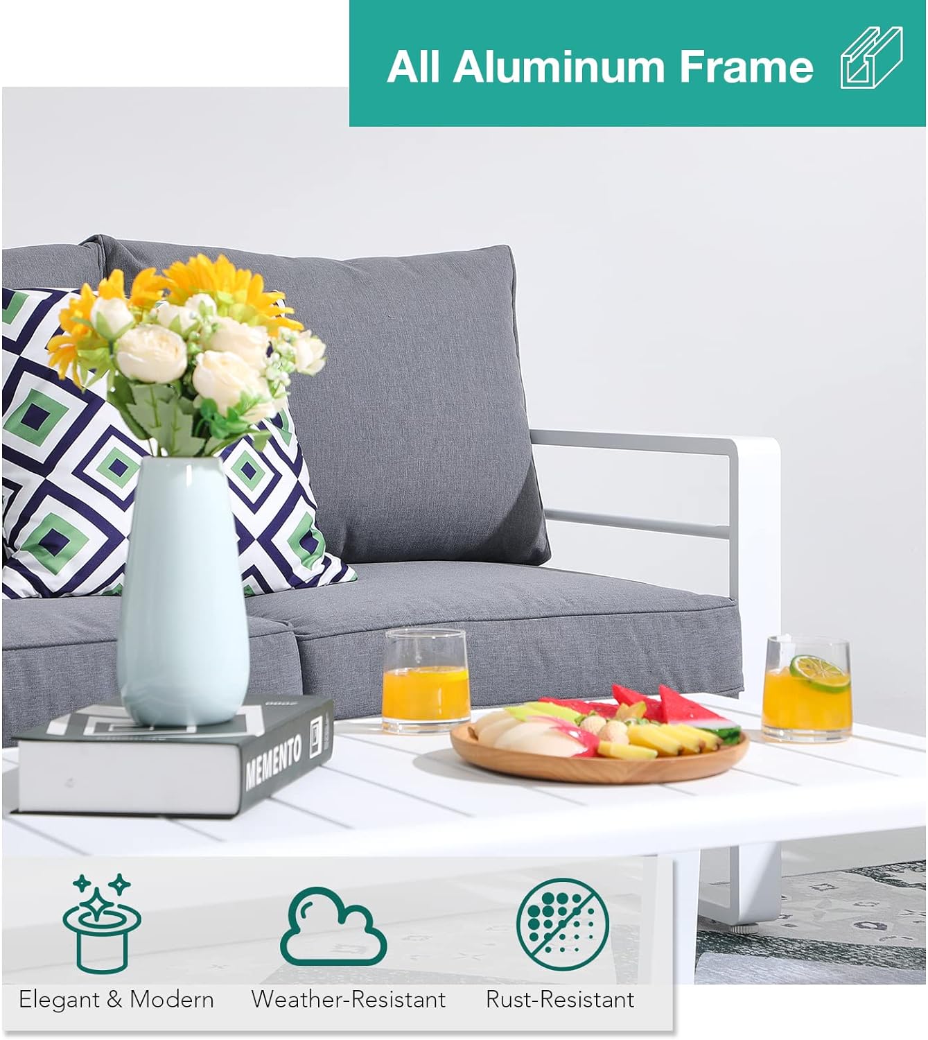 Patiorama Aluminum Patio Furniture Set, 4 PCS Modern Patio Conversation Set, All Weather White Outdoor Sectional Sofa Set w/Coffee Table, 3-Seater Sofa, Superior Olefin Cushion, Garden-Grey Cushion