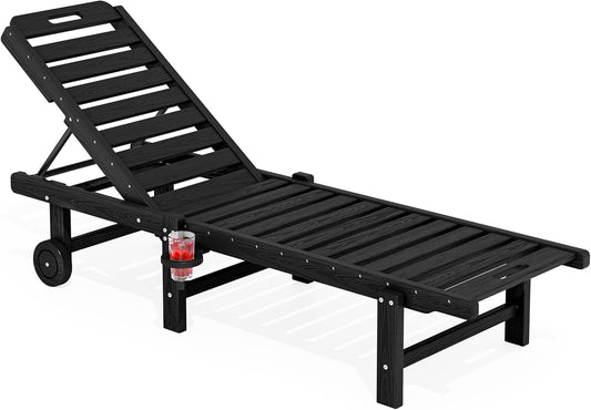 SERWALL Patio Chaise Lounge, HDPE Outdoor Lounge Chair with Cup Holder, 5 Positions Adjustable Poly Lounge Chair with Rolling Wheels for Poolside, Deck, Sunbathing, Black