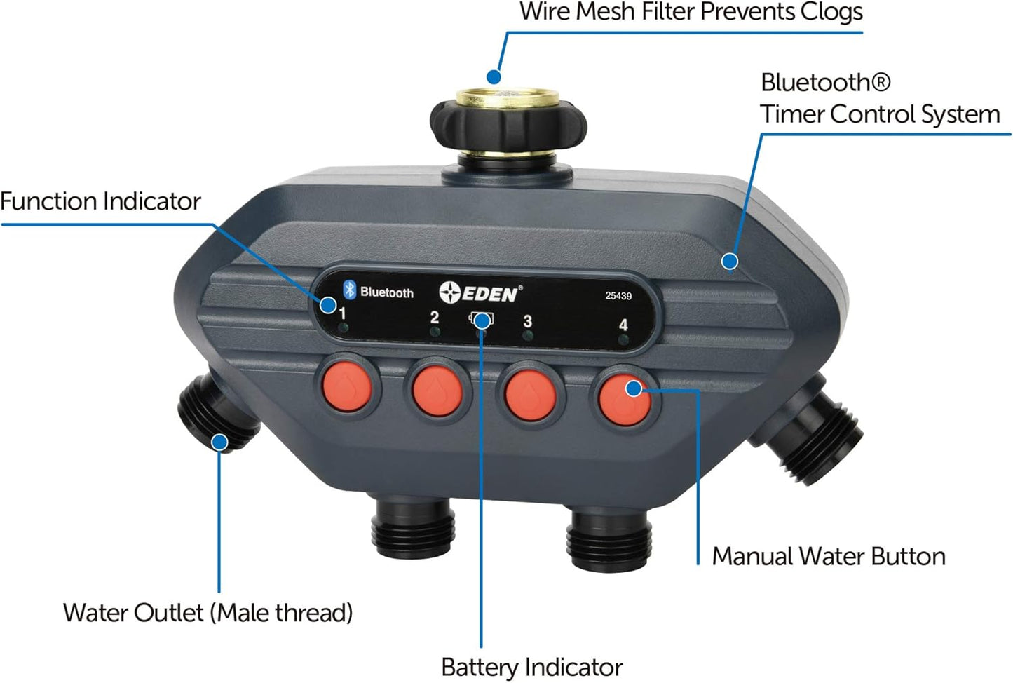 Eden 93443 4-Zone Bluetooth Water Timer |, Stainless Steel Washers Charcoal Gray
