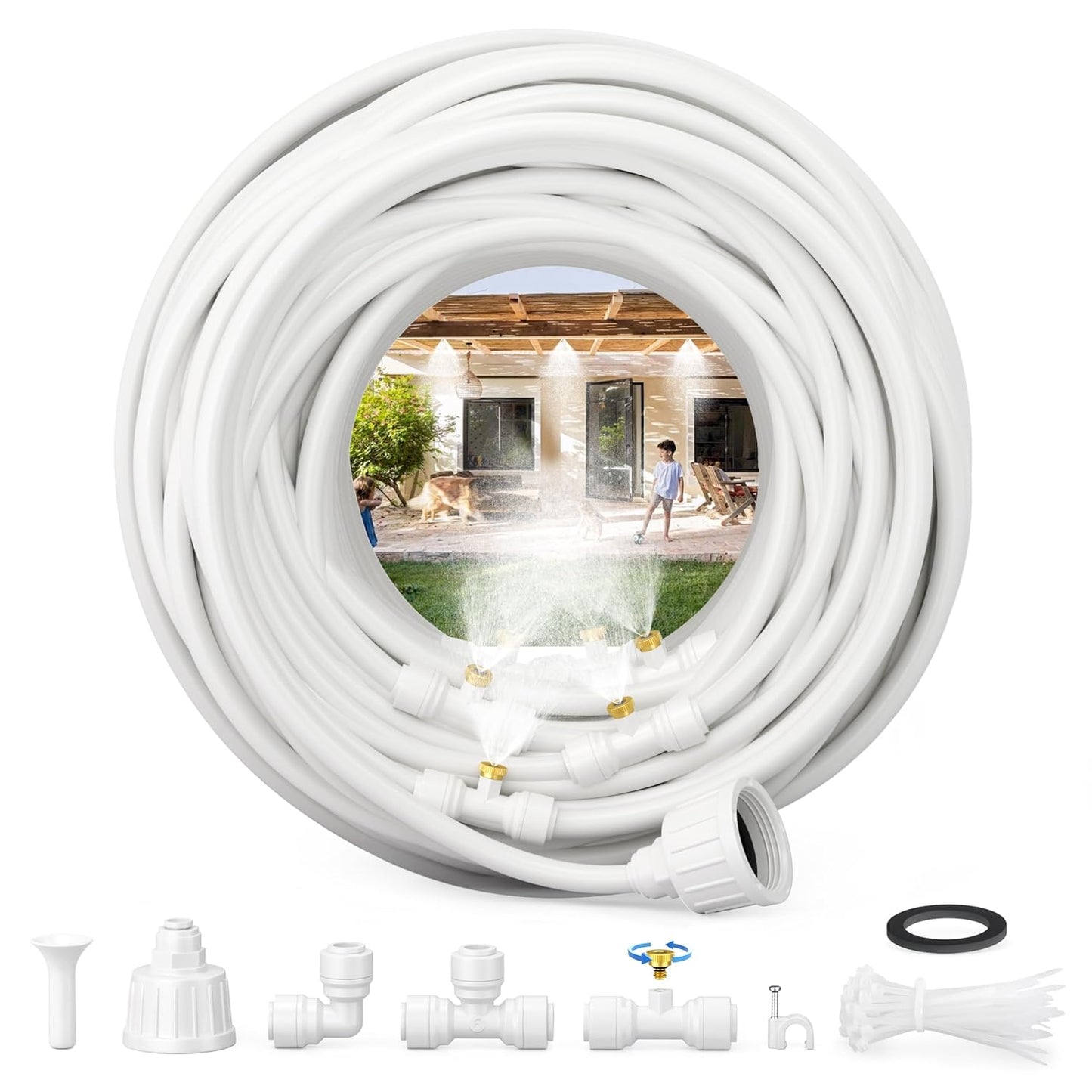 Misting Systems White, Outside Patio Misters, 100FT Misting Cooling System+30 Brass Mister System+2 PE Antioxidant Adapters 3/4"+2 Tee Adapters+2 90 Degree Elbows for Pasture&Garden&Gazebo (White)