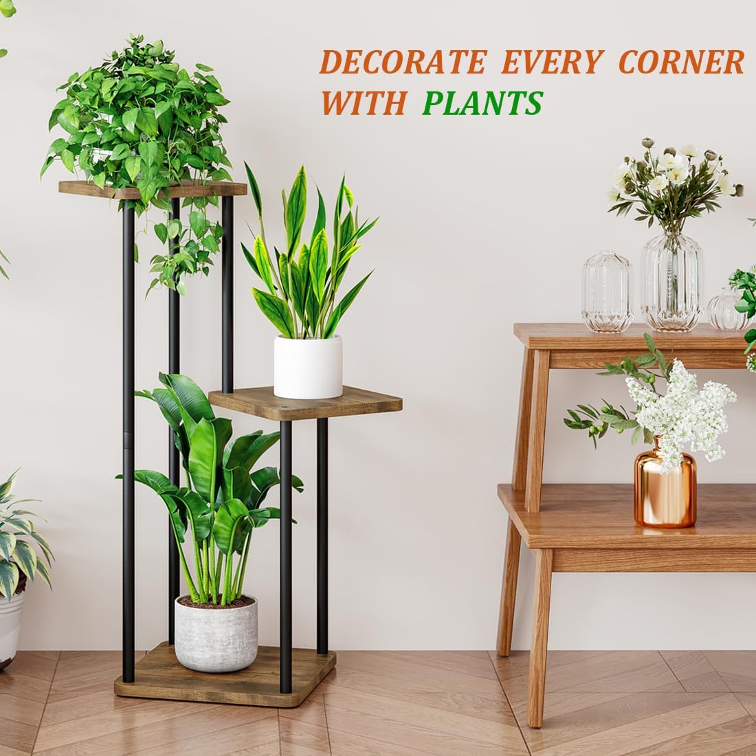 AZERPIAN 3 Tier Plant Stand Indoor Metal Plant Shelf for Multiple Plants Corner Flower Holders for Living Room Balcony Bedroom Patio Garden, Black (Black, 3 tier)