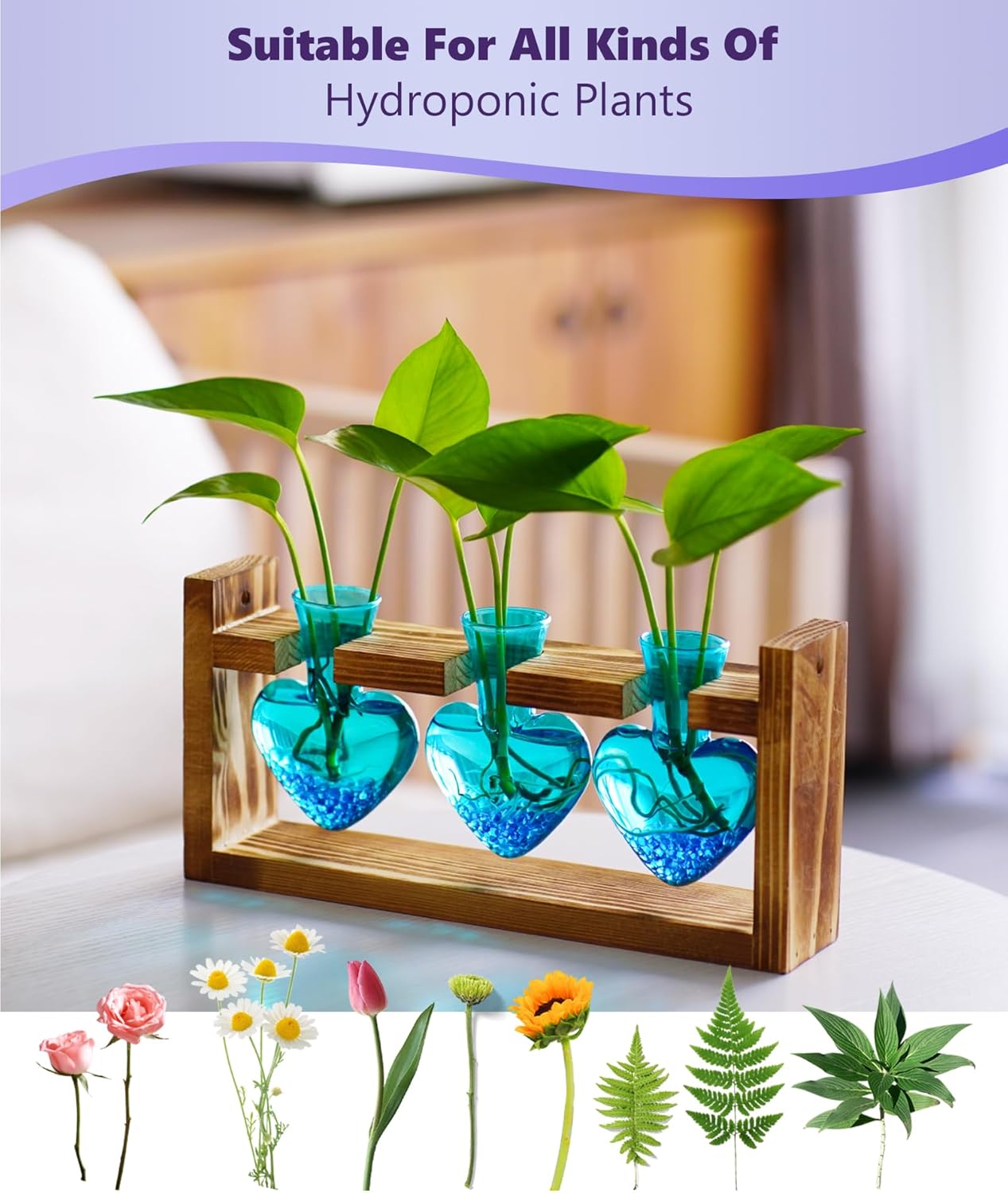 Nacome Plant Terrarium for Office Decor: Birthday Gifts for Plant Lovers Women Mom Wife - Wooden Stand Tabletop Planter 3 Bulb Glass Vase Heart Shaped for Hydroponics Indoor Home