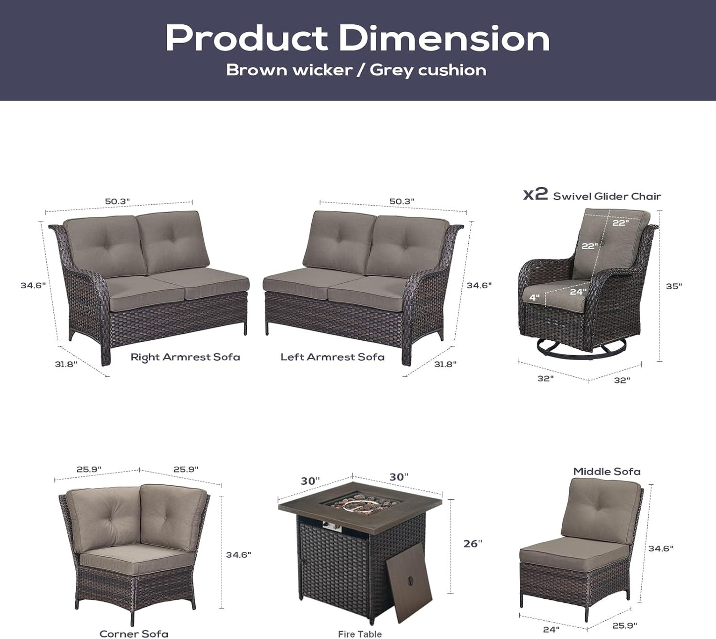 Outdoor Sectional Sofa Furniture Set with 50000BTU Propane Fire Pit Table, Wicker Patio Conversation Set with 2 Swivel Glider Rocker Chairs Grey Cushion Perfect for Backyard Casual Gathering