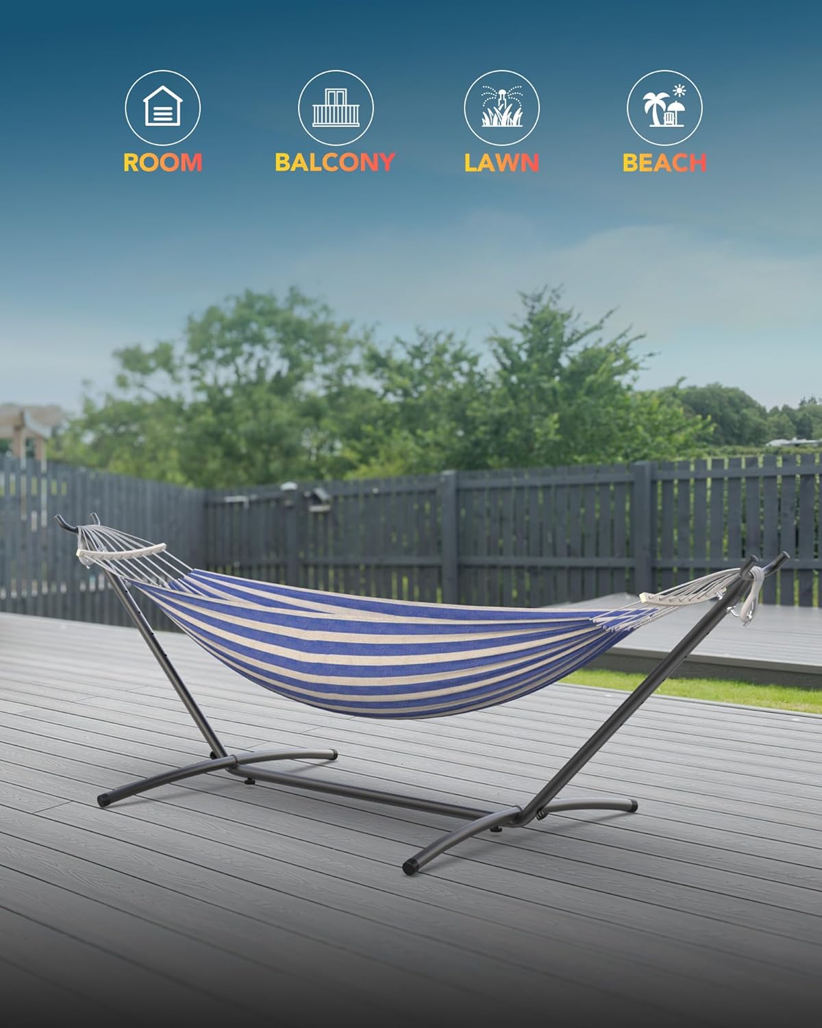 Double Hammock with Heavy-Duty Steel Stand,Portable,Easy Assembly,600lbs Weight Capacity,Perfect for Indoor,Yard,Camping,or Outdoor-BlueWhite