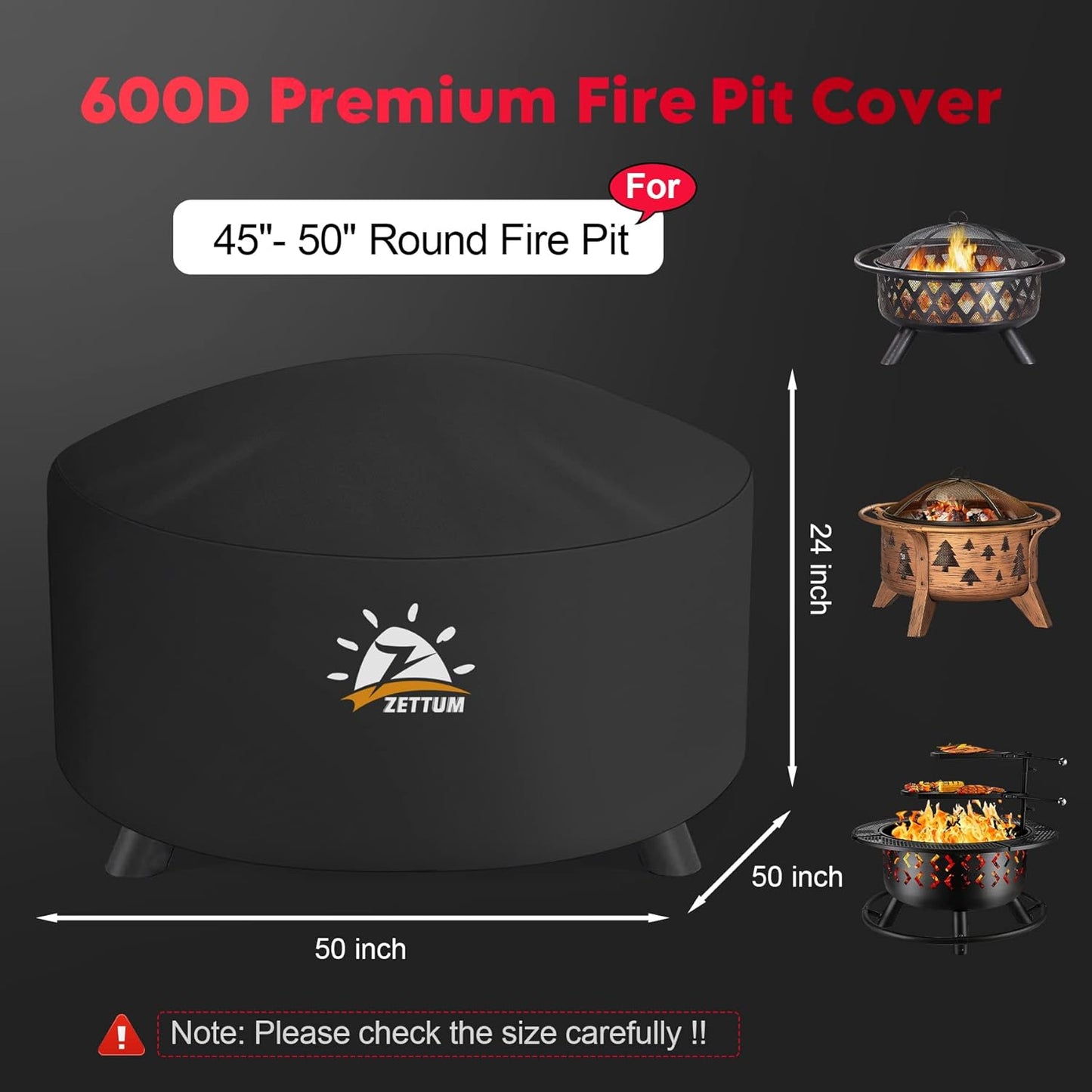 Fire Pit Cover Round 50 Inch - Outdoor Firepit Cover Heavy Duty & Waterproof, 600D Patio Fire Table Cover Large Gas Fire Pit Accessories Fade & Weather Resistant - 50 x 50 x 24 Inch