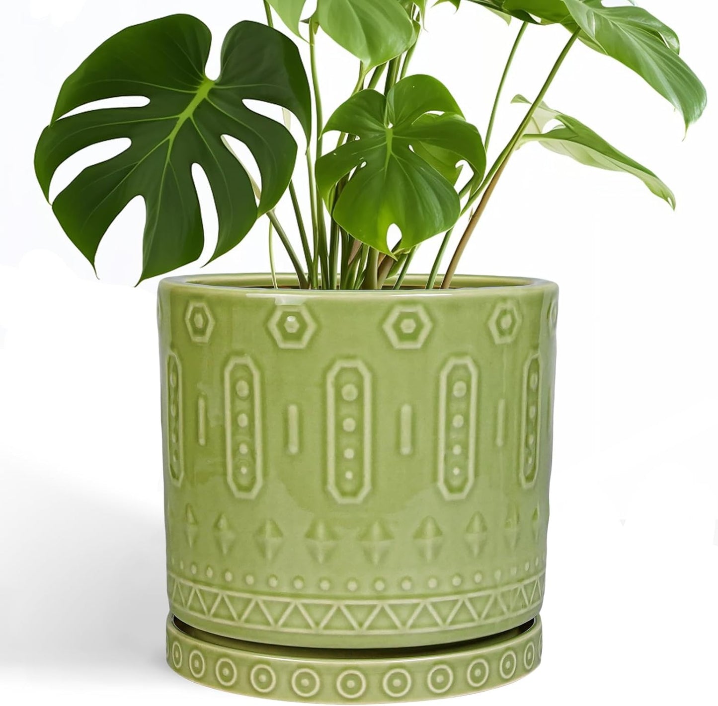 Ceramic Pot for Plants - 10 Inch Indoor Plant Pots with Drainage Holes and Saucer, Boho Round Planter Outdoor, Decorative Large Planter for Flower, Living Room Decor, Garden Gifts, Green