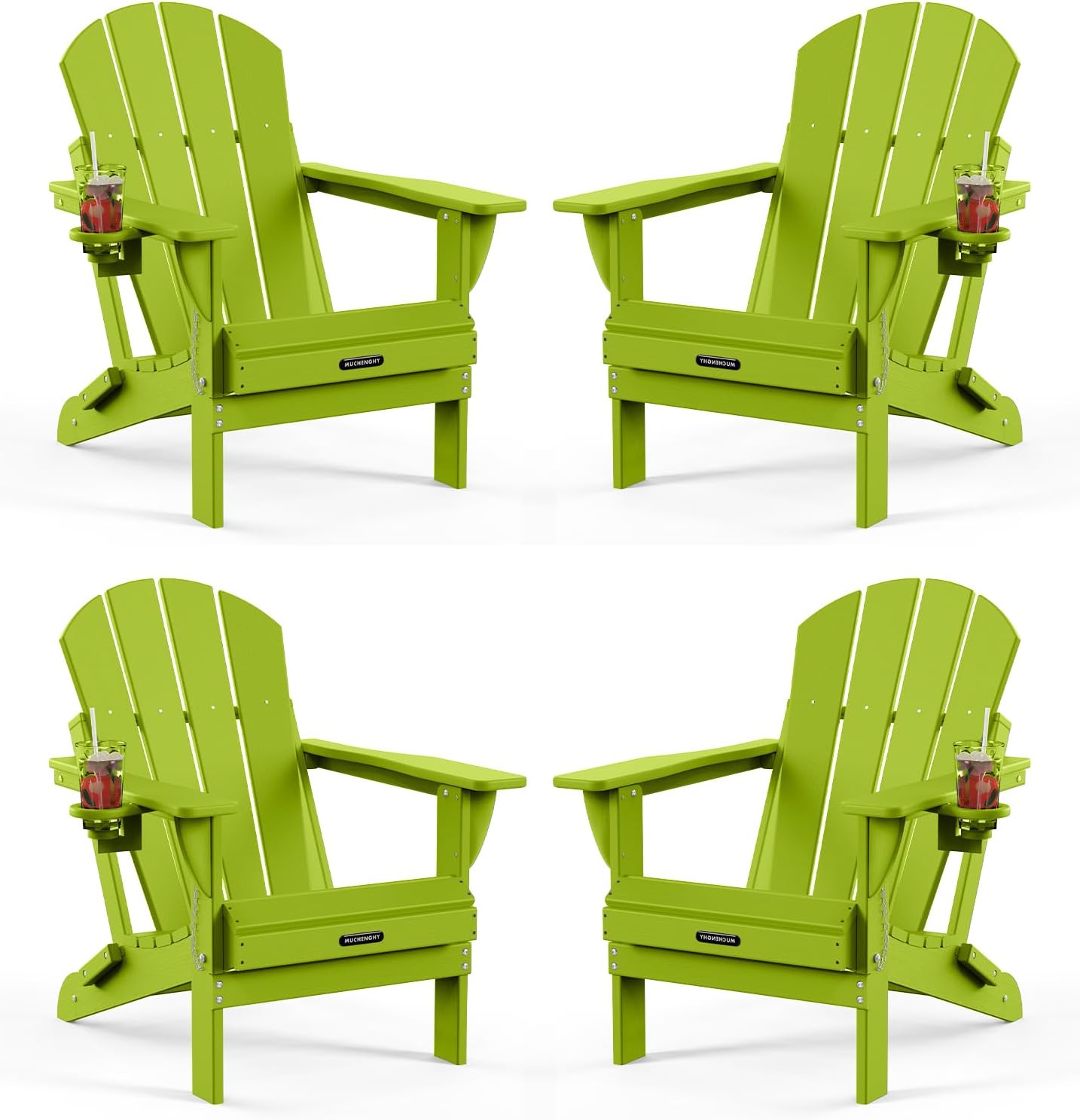 MUCHENGHY Folding Adirondack Chairs Set of 4, Patio Chairs, Lawn Chairs, Outdoor Chair, Adirondack Chair Plastic, Fire Pit, Weather Resistant with Cup Holder for Deck, Backyard, Garden(Lemon Green)