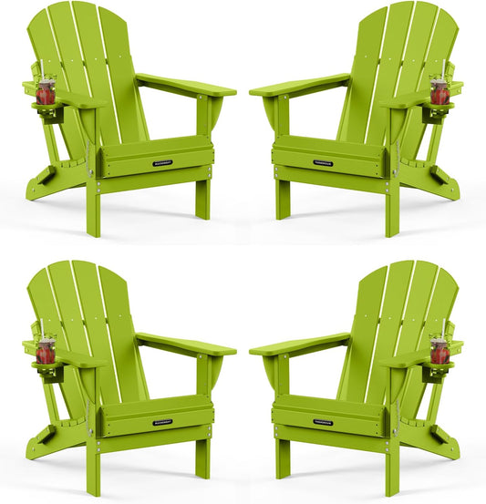 MUCHENGHY Folding Adirondack Chairs Set of 4, Patio Chairs, Lawn Chairs, Outdoor Chair, Adirondack Chair Plastic, Fire Pit, Weather Resistant with Cup Holder for Deck, Backyard, Garden(Lemon Green)