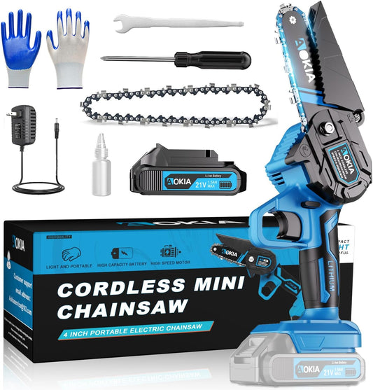 Cordless Mini Chainsaw 21V,4In Electric Chainsaw,Handheld & Portable Power Chain Saw for Tree Trimming Pruning Garden & Yard Work,Battery Chain Saw Gifts for Men Women Dad Blue