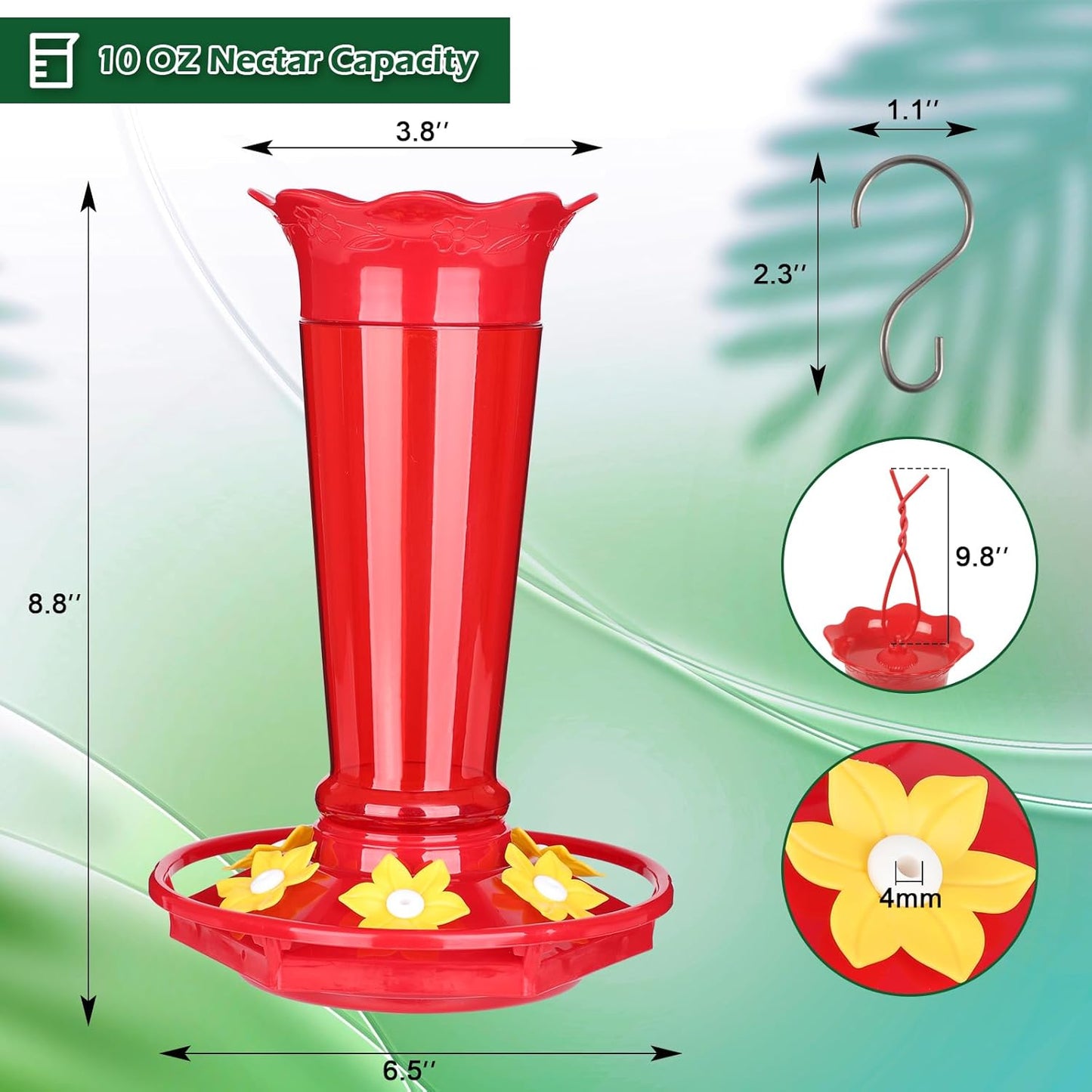 FEED GARDEN 10oz Plastic Hummingbird Feeders for Outdoors - 2 Pack Red, Ant & Bee Proof, 6 Feeding Ports, Easy Clean Red Nectar Feeders for Outside Hanging, Gifts for Mom