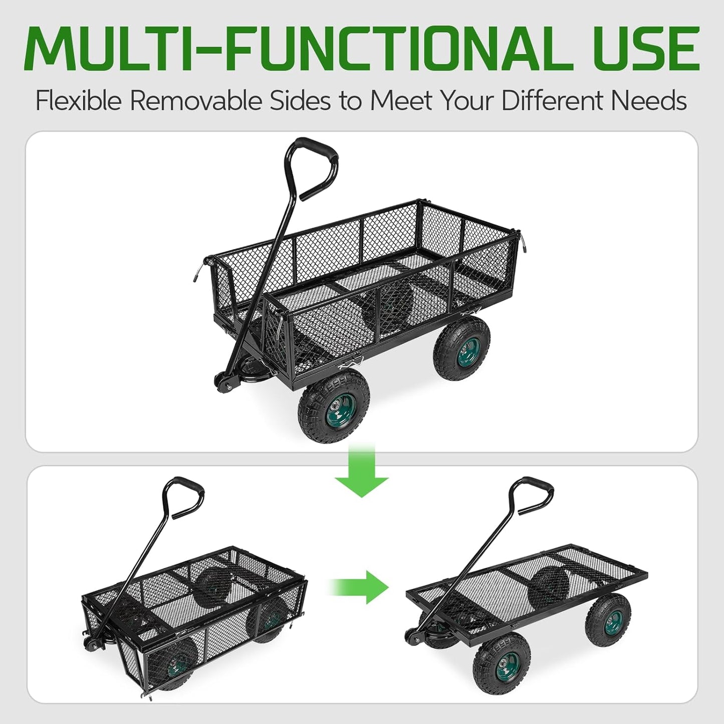 Taifa Heavy Duty Utility Steel Garden Cart 880 Lbs Capacity with Detachable Side Panels Convert to Flatbed for Yard Lawn and Farm, Metal Wagon with 180° Rotating Handle, Black
