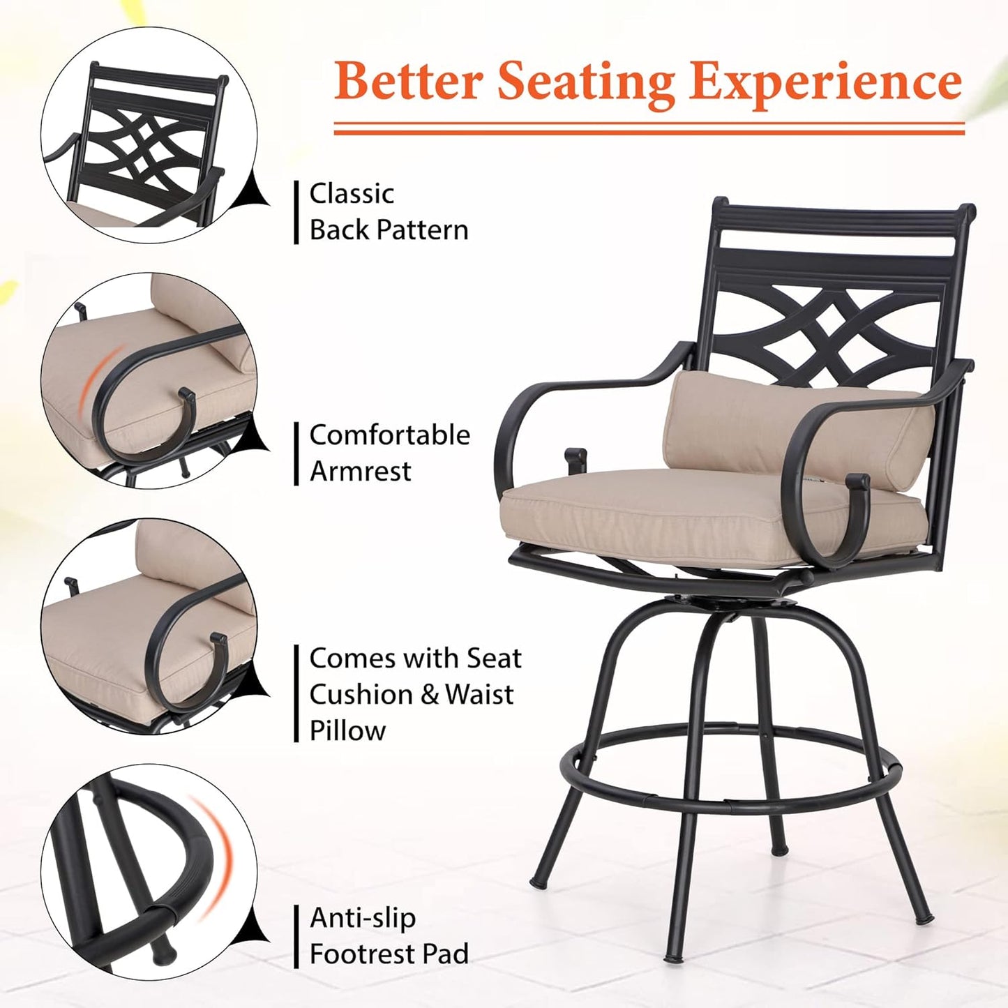 Sophia & William Patio Bar Set 3 Pieces Outdoor Bistro Bar Set with 2 Swivel Bar Stools and 1 Square Bar Height Table, All-Weather Metal Furniture with 1.57" Umbrella Hole and Beige Cushion