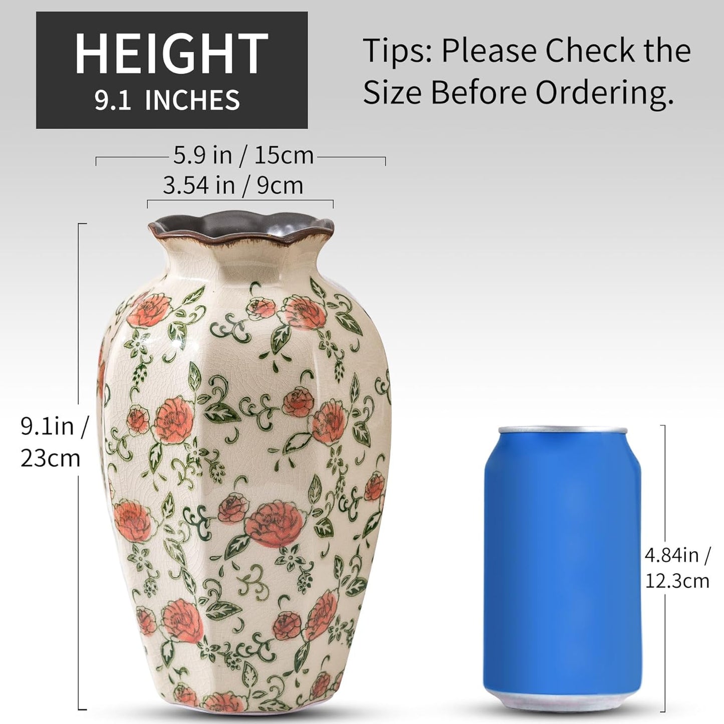 Green&Beige Vintage Octagonal Vase, Red Rose Chinoiserie Floral Vase, Farmhouse Antique Decorative Ceramic Flower Vases for Bouquet, Home Decor, Living Room, Bookshelf, Office, Tuscan Decor 9.1 Inch