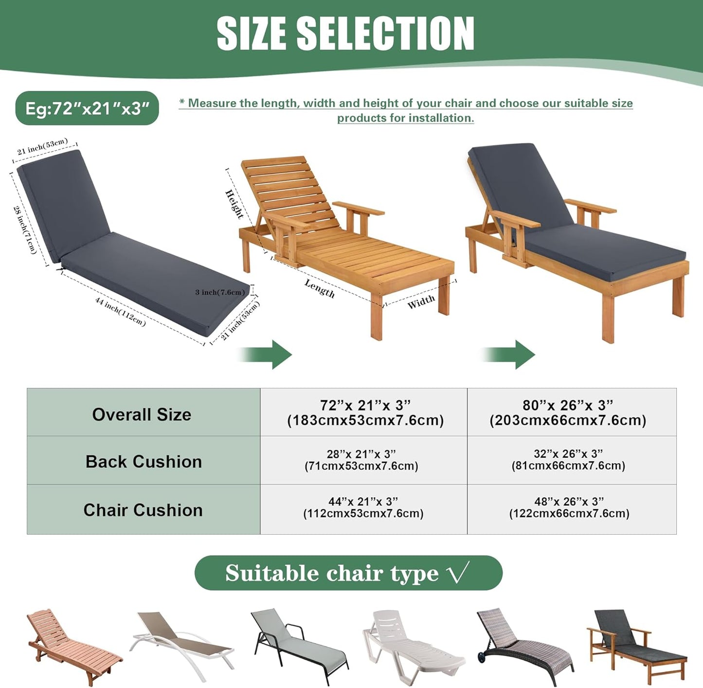 Chaise Lounge Cushions Outdoor - Waterproof and Fade Resistant Sun Lounger Replacement Cushions - Patio Lounger Pads with Removable Cover for Pool, Deck, Lawn, 72 x 21 x 3 Inch, Dark Grey