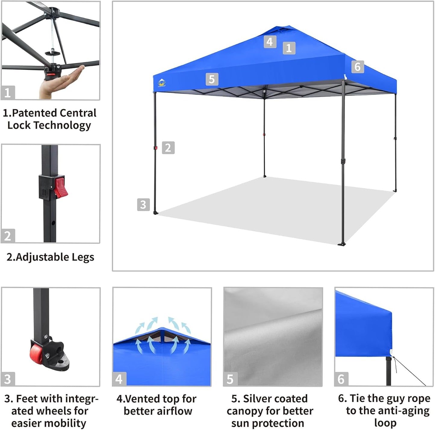 CROWN SHADES 10x10 Pop Up Canopy Tent - Patented Center Lock One Push Instant Outdoor Canopy Beach Tent with STO-N-Go Bag 8 Stakes & 4 Sand Bags，Blue
