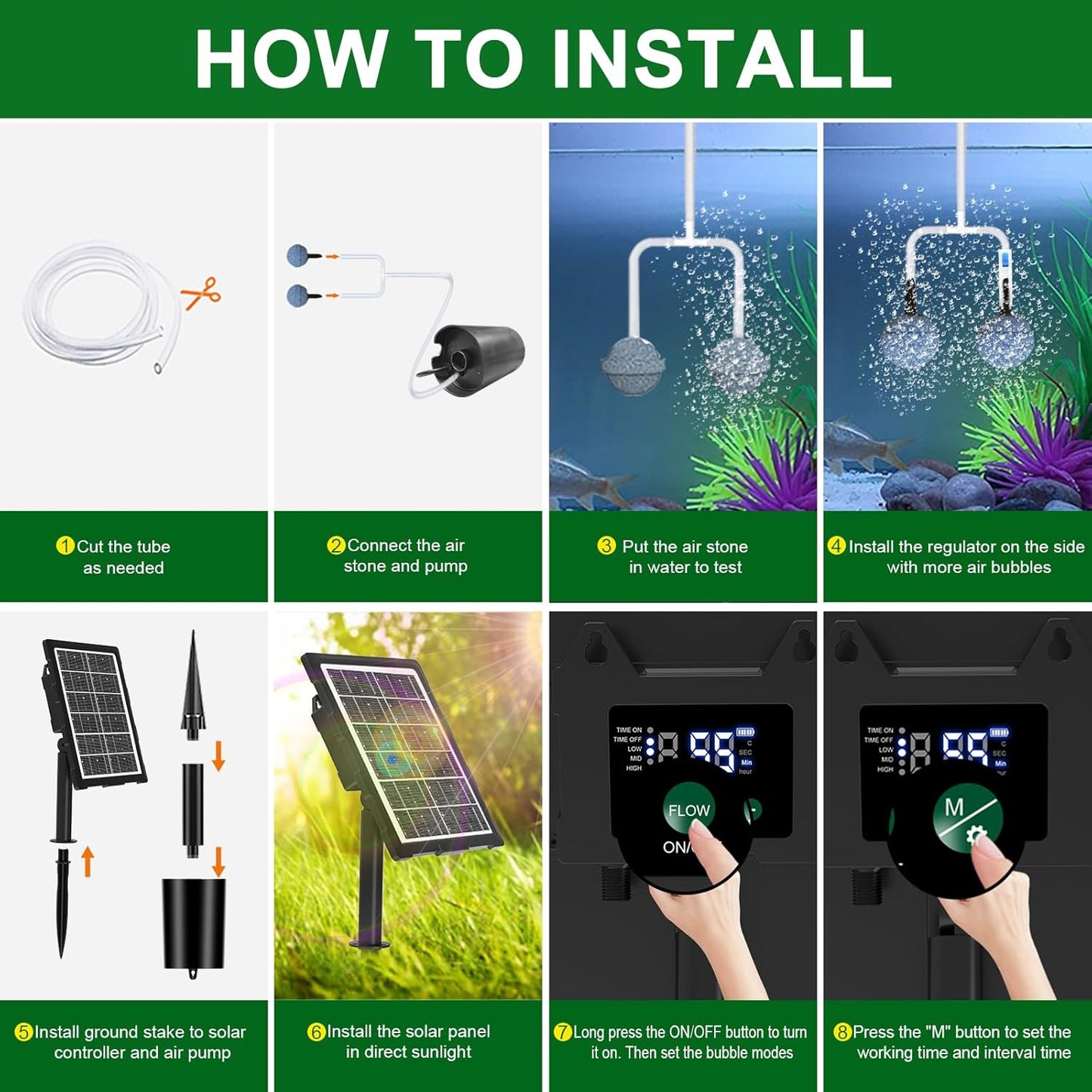 Upgraded Digital Display Solar Pond Aerator, 3 Working Modes(Low/Med/High) Solar Aerator for Outdoor Ponds with Timing Function, Solar Air Pump with Bubble Regulator for Small Ponds, Fish Tanks