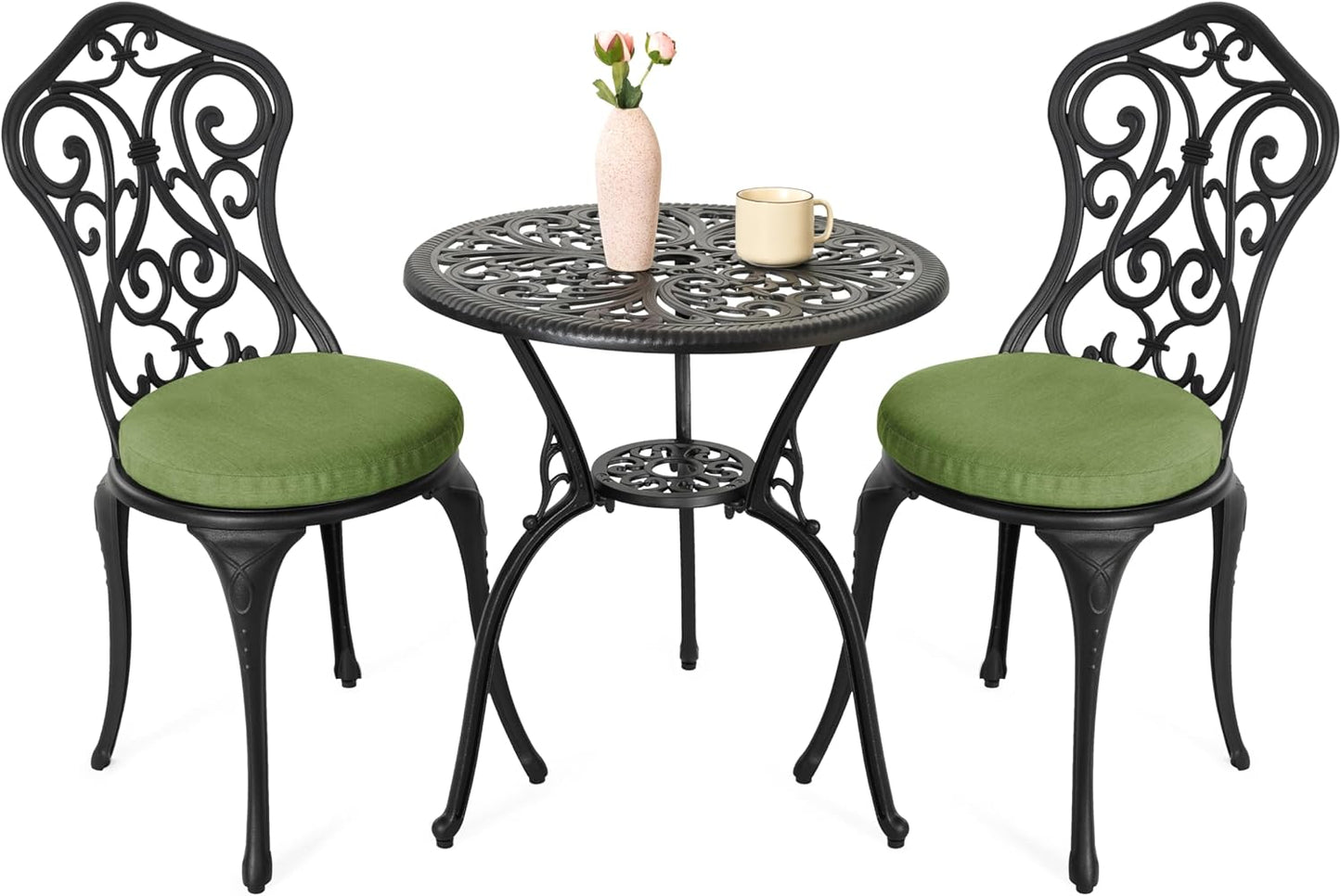 NUU GARDEN Patio 3-Piece Bistro Set with Cushions, Patio Chairs and Outdoor Round Table with Umbrella Hole, Cast Aluminum Patio Set for Lawn, Garden, Porch, Poolside, Black