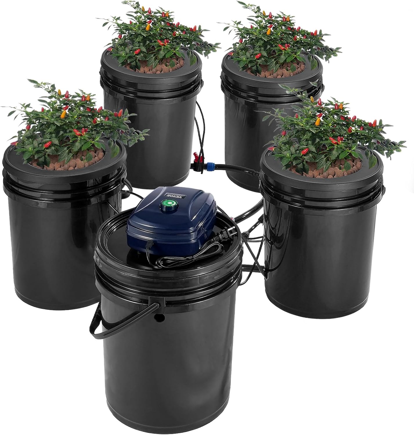 VEVOR RDWC Hydroponics Grow System, Hydroponic Growing Kit with Top Drip, Recirculating Deep Water Culture 4 Buckles and 1 Reservoir, with Air Pump and Water Level Device for Leafy Vegetables