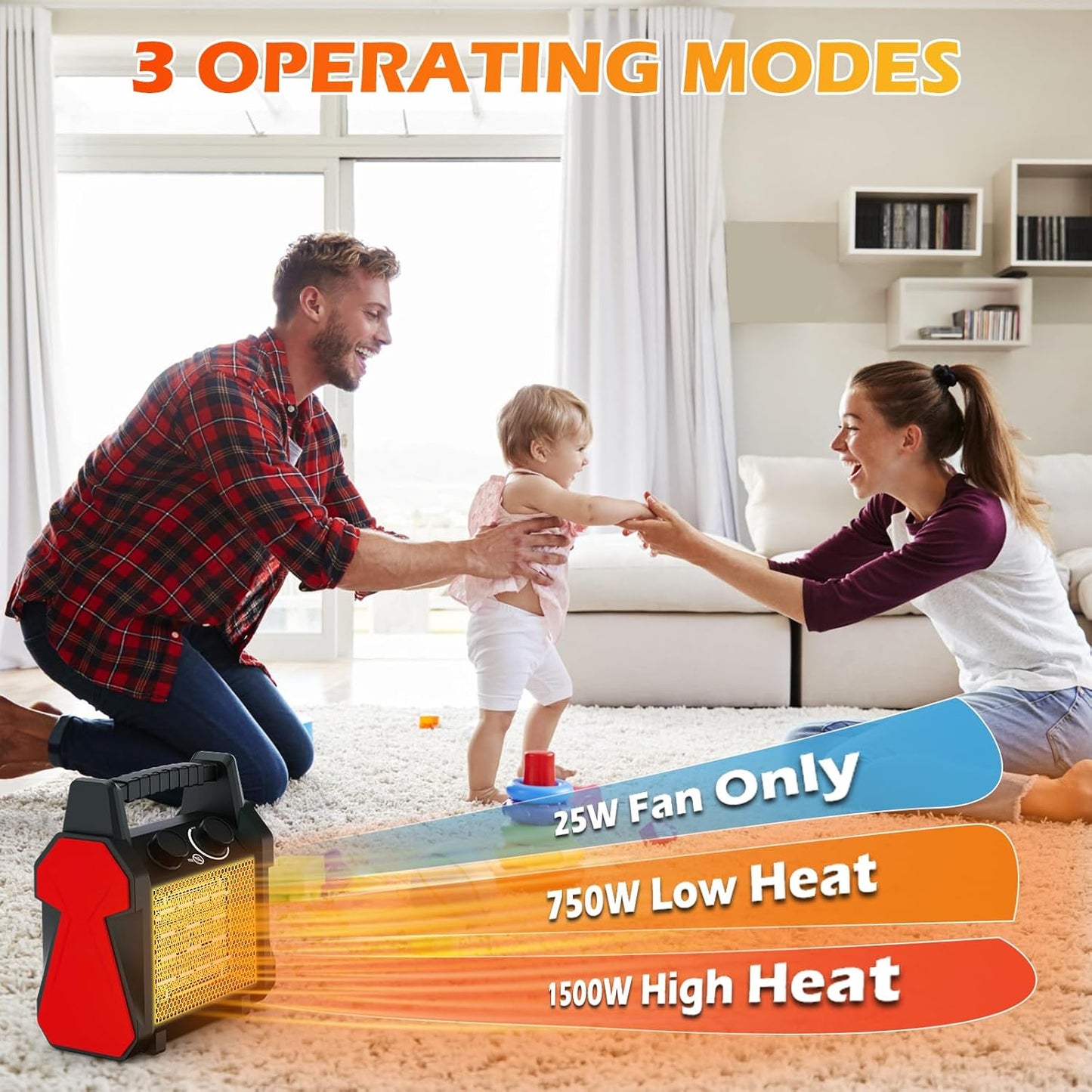 1500W PTC Electric Space Heater with Overheat & Tip-Over Protection, Portable Indoor Outdoor Heater with 3 Modes, Small Fan, Quiet for Bedroom, Garage, Patio
