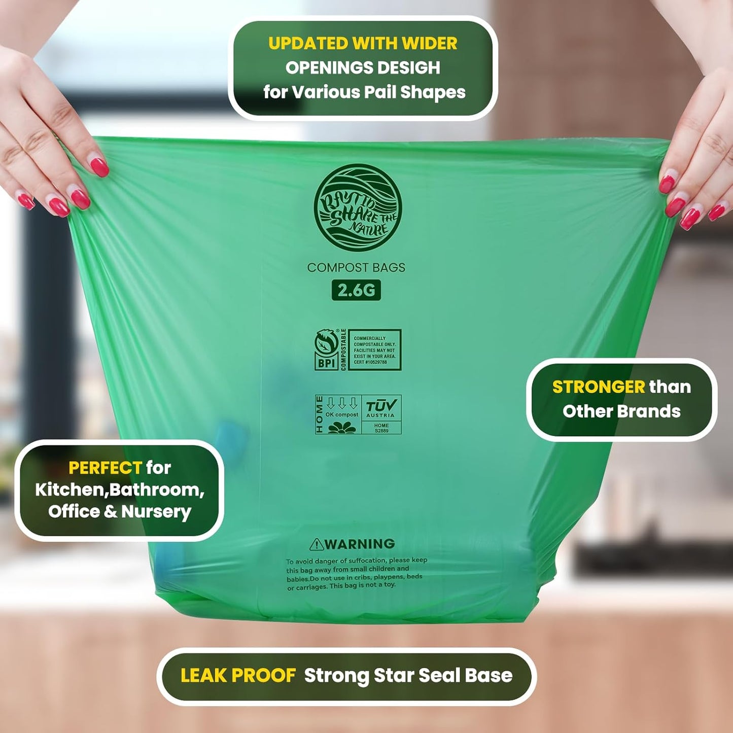 RAYTID Compostable trash Bags 2.6 Gallon Compost Bags for Kitchen Countertop Bin 1.3,2,3, Gallon, 120 Count,Small Kitchen Food Scrap Waste Bags,ASTM D6400, US BPI & Europe OK Compost Home Certified