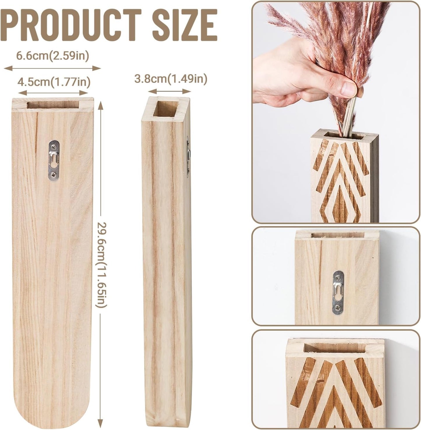 Wooden Wall Planter Set of 4 - Modern Bohemian Home Decor for Living Room, Bedroom, Bathroom - Beige Finish Planter for Dried Flowers, Faux Greenery, Indoor Plants