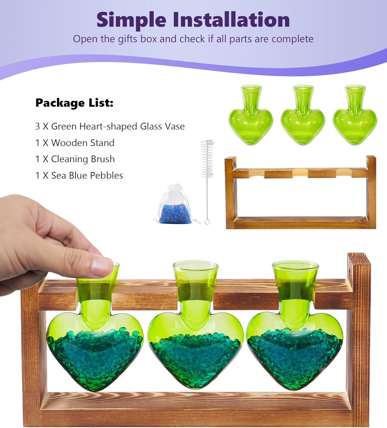 Nacome Plant Terrarium for Office Decor: Birthday Gifts for Plant Lovers Women Mom Wife - Wooden Stand Tabletop Planter 3 Bulb Glass Vase Heart Shaped for Hydroponics Indoor Home(Green)