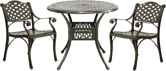 MEETWARM 3 Piece Patio Bistro Set, Outdoor All-Weather Cast Aluminum Dining Furniture Set Includes 2 Chairs and a 35.4” Round Table with Umbrella Hole for Garden Deck