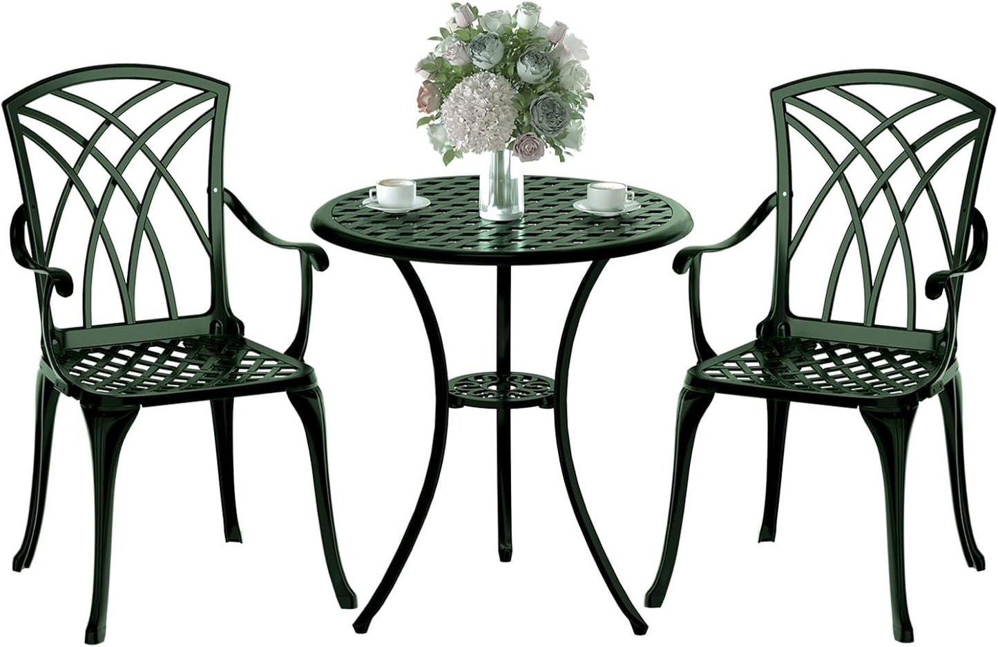 Patio Bistro Set 3 Piece, Cast Aluminum Bistro Set for 2 w/Umbrella Hole, Outdoor Table and Chairs Set of 2, Bistro Set for Balcony/Backyard/Garden, Green