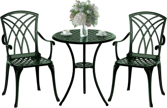 Patio Bistro Set 3 Piece, Cast Aluminum Bistro Set for 2 w/Umbrella Hole, Outdoor Table and Chairs Set of 2, Bistro Set for Balcony/Backyard/Garden, Green