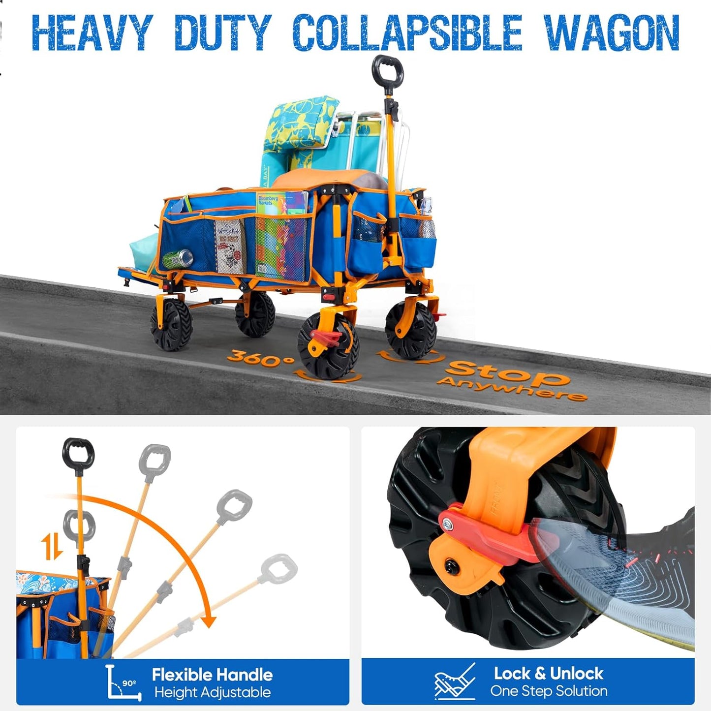 49" L Extra Long Beach Wagon with Tailgate,Big Wheels with Brake for Sand, Collapsible Utility Beach Cart Heavy Duty Folding Wagon,Ideal for Outdoor Sand Camping Garden Pet