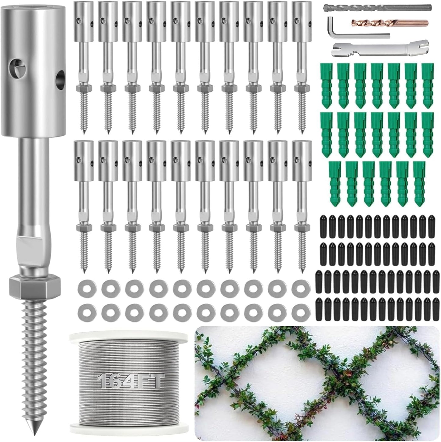 20 Set Trellis Wire for Climbing Plants Outdoor, T316 Wall Wire Trellis Kit with Stainless Steel Cable 1/8" x 164ft, Espalier System Cable Trellis Kit with Adjustable Spacing Vines Green Wall