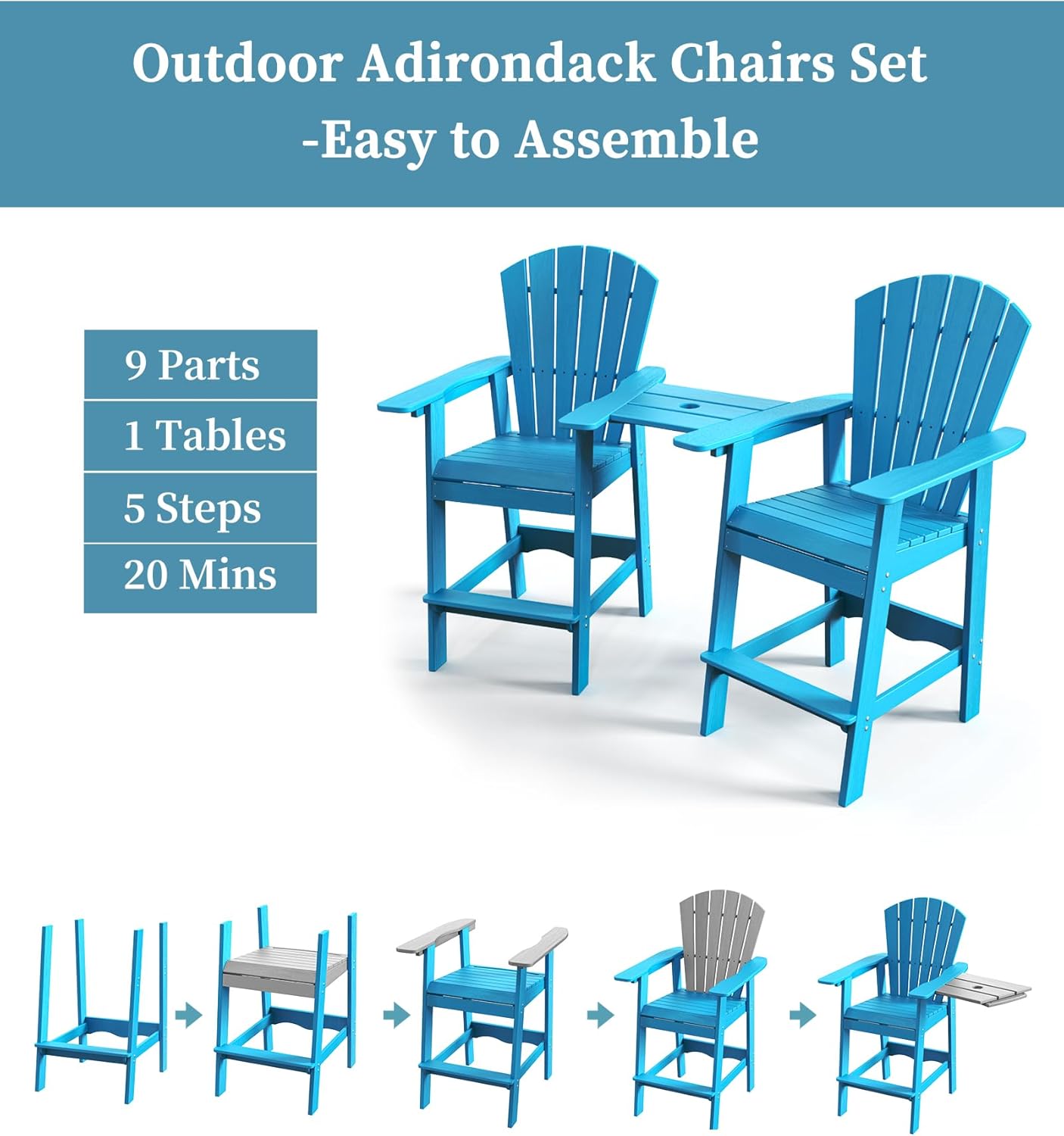 Tall Adirondack Chair Set, Outdoor Adirondack Bar Height Chairs Set of 2, 360lb Capacity HDPE Outdoor Seating for Patio,Balcony, Poolside (Blue, Set of 4)