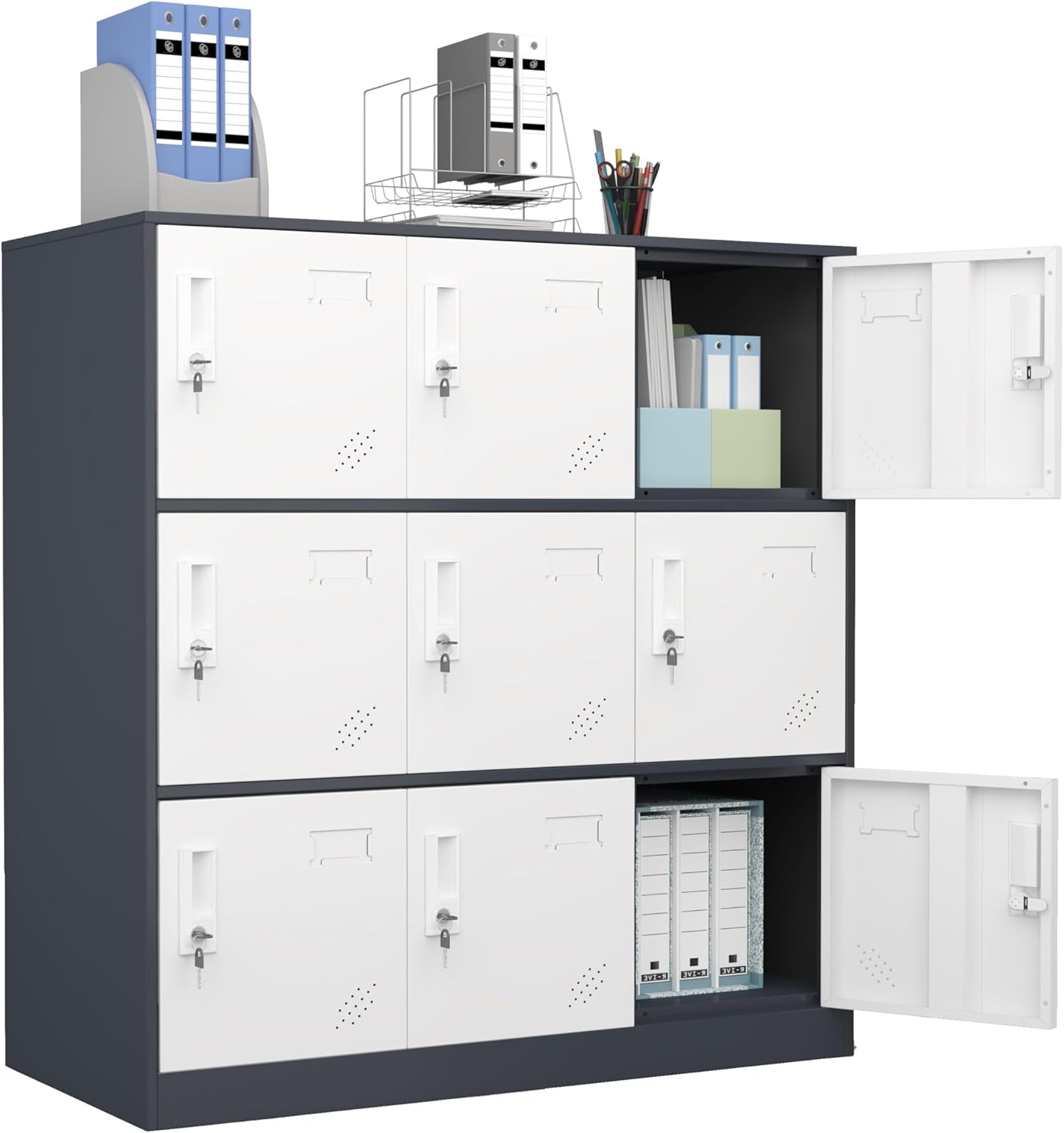 9 Door Metal Storage Locker for Employee,School,Office,Gym,Garage,Locker Cabinet with Lock and Card Slot (9 Door, Grey)