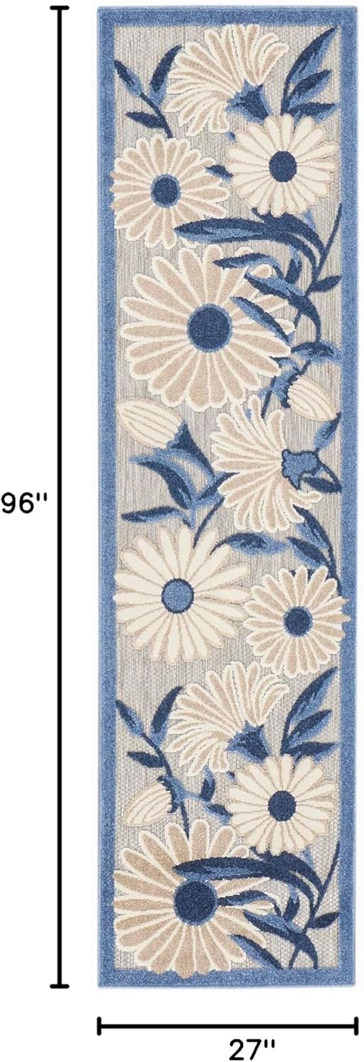 Nourison Home Aloha Outdoor Blue Grey 2'3" x 8' Area Rug, Easy Cleaning, Non Shedding, Bed Room, Living Room, Dining Room, Deck, Backyard, Patio (2x8)