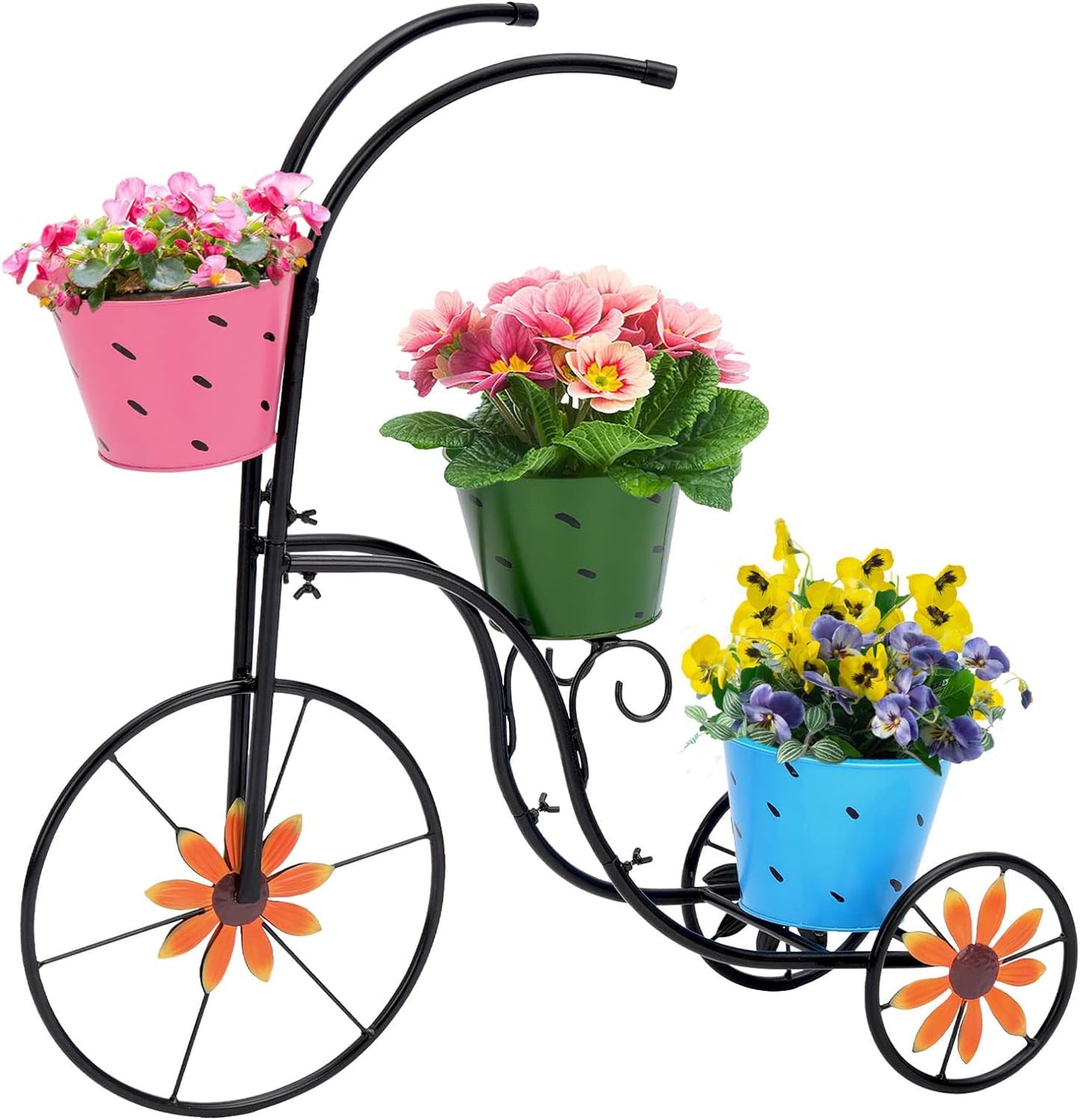 LEWIS&WAYNE Metal Tricycle Planter, 3 Tier Floral Flower Plant Stand Holder Hand Painted Outdoor Garden Patio Decor