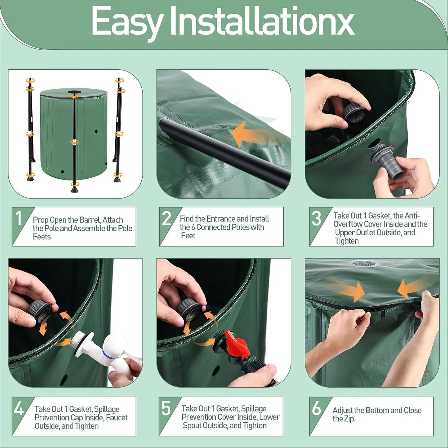 53 Gallon Collapsible Rain Barrel with Zipper Open and 12 Poles, 200L Protable Rainwater Collection System Kit with 1 Spigot and 2 Overflow, 1000D Oxford Rain Catcher Barrel for Outdoor Garden Camping