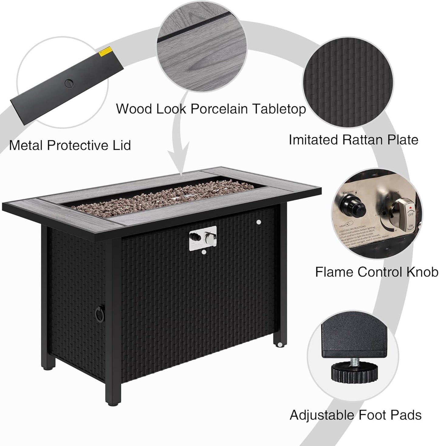 Meilocar 45in Fire Table, Propane Fire Pit with Red Lava Rocks and Rain Cover, Outdoor Firepit Table with Tile Top 50000 BTU 2-in-1 Fire Table for Patio/Yard/Balcony, Gray Tabletop