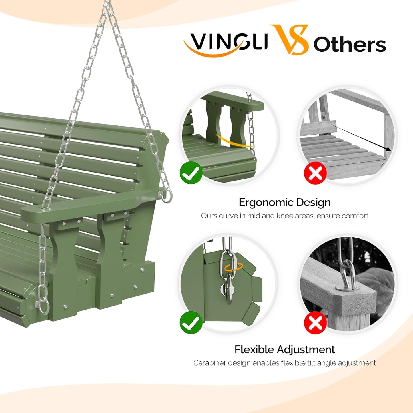 VINGLI Upgraded Patio Wooden Porch Swing for Courtyard & Garden, Heavy Duty 880 LBS Swing Chair Bench with Hanging Chains for Outdoors (Green, 4 FT)